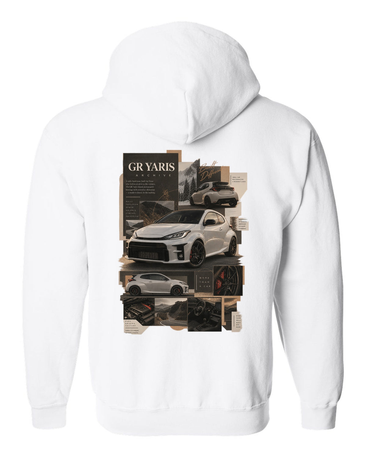 Three-view spec sheet of the Toyota GR Yaris XP210 three-door white zip hoodie back view with the design
