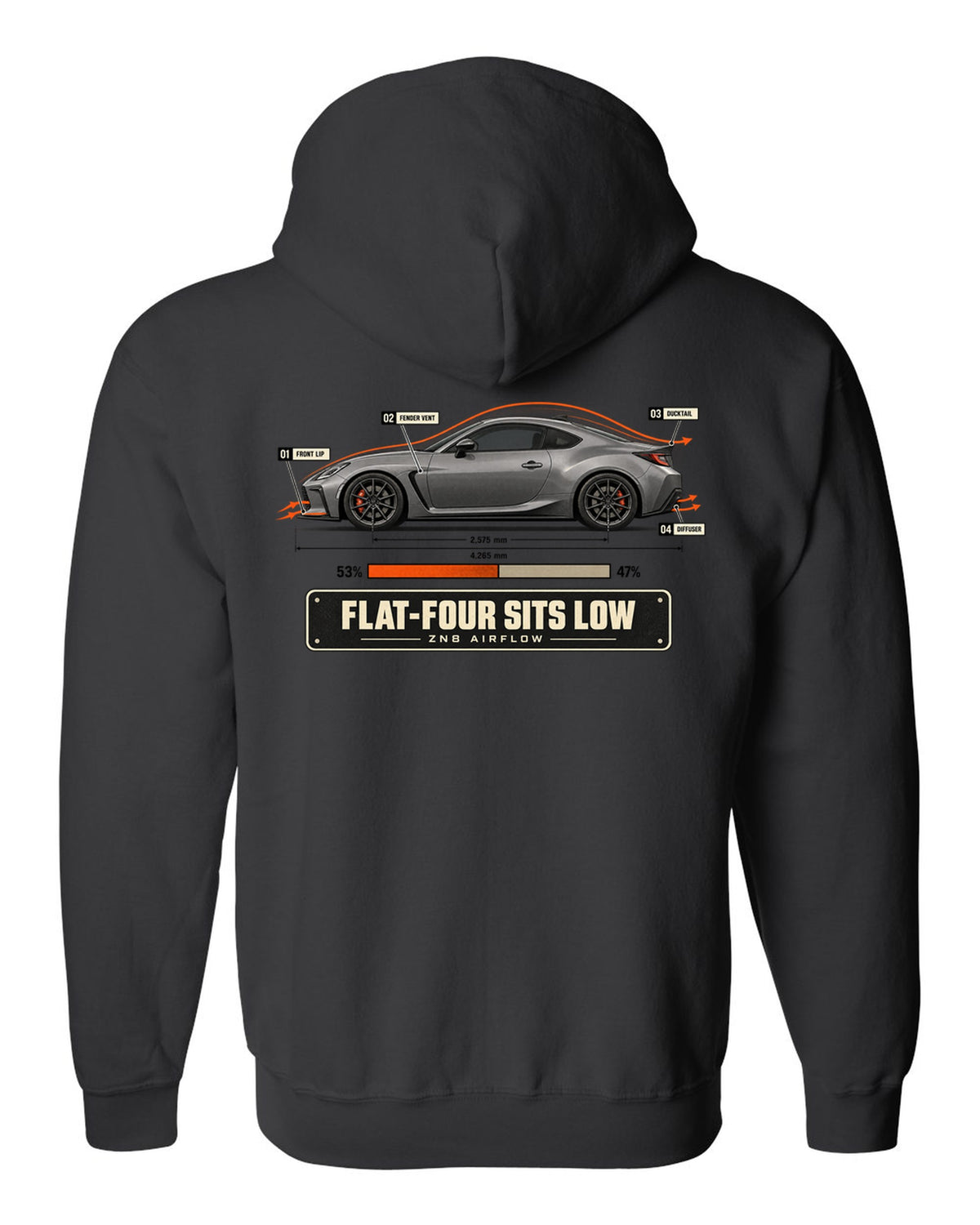 Cutaway-style airflow diagram of a Toyota GR86 ZN8 with callouts, poster-style print black zip hoodie back view with the design