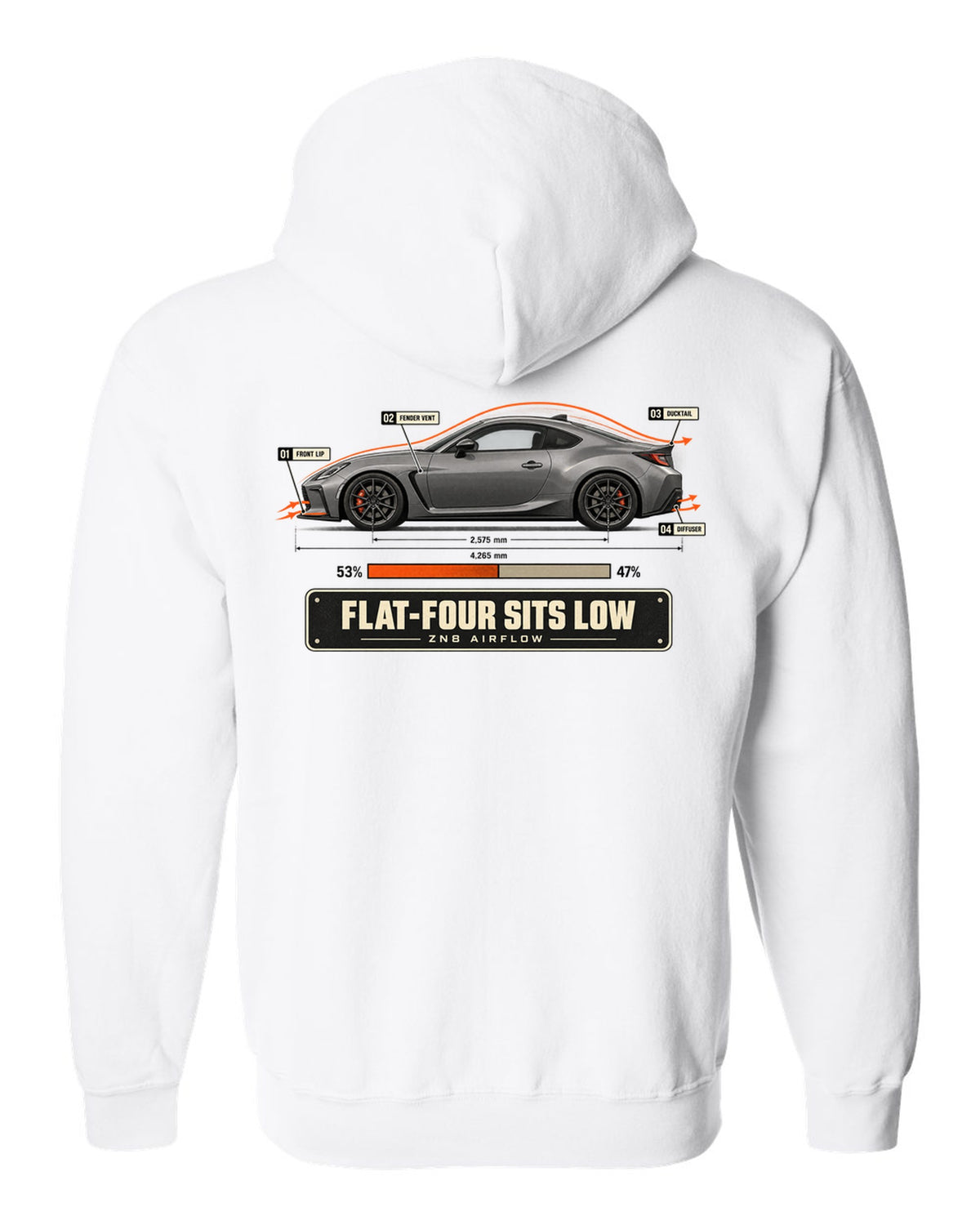 Cutaway-style airflow diagram of a Toyota GR86 ZN8 with callouts, poster-style print white zip hoodie back view with the design