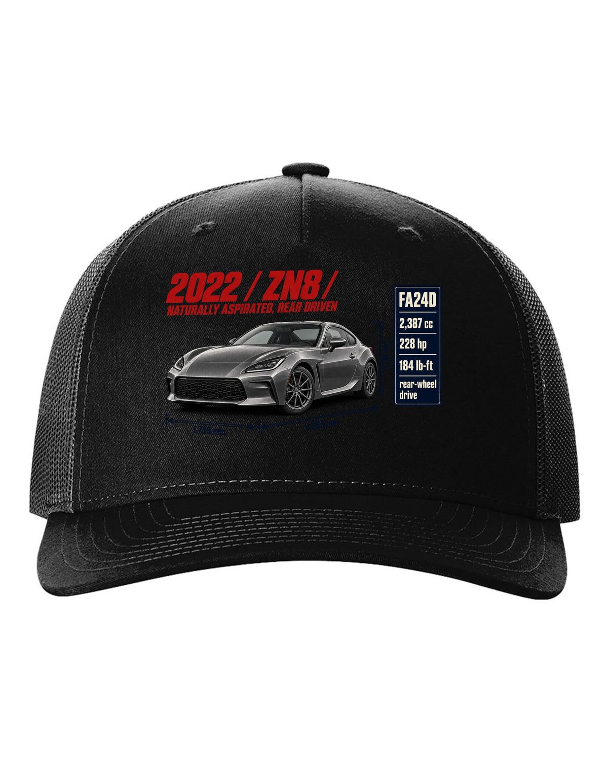 Spec poster layout for a 2022 Toyota GR86 ZN8, poster-style print black hat front view with the design