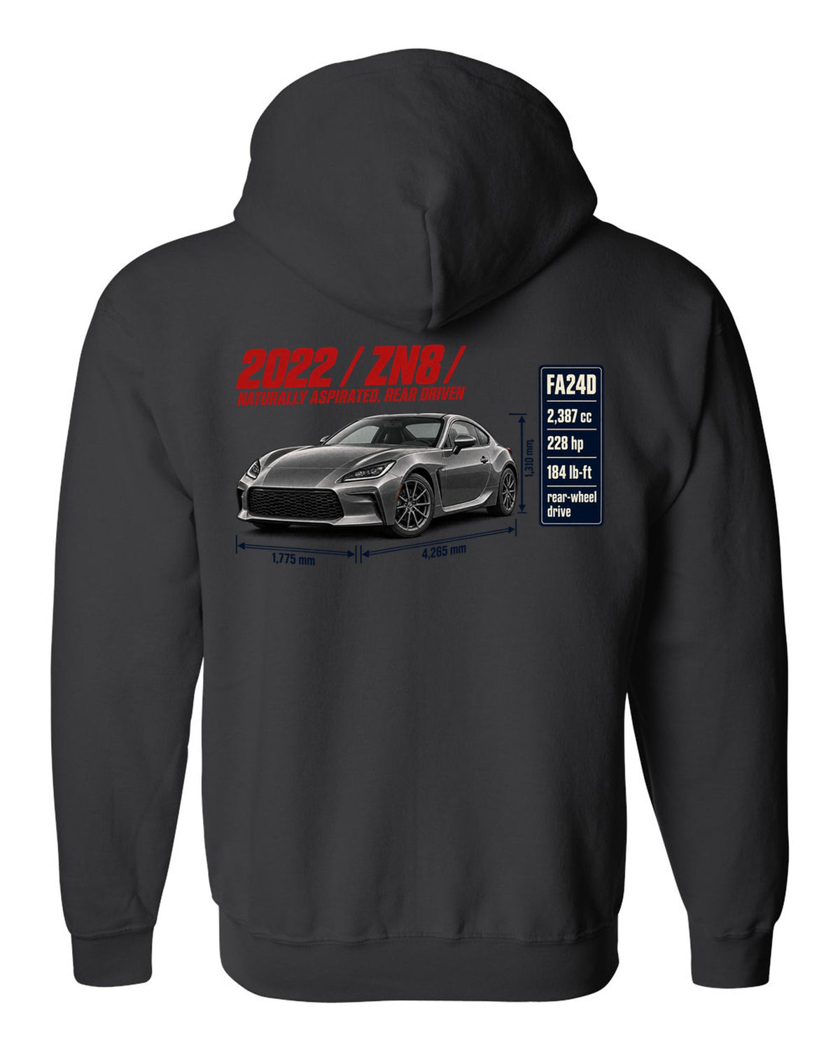 Spec poster layout for a 2022 Toyota GR86 ZN8, poster-style print black zip hoodie back view with the design