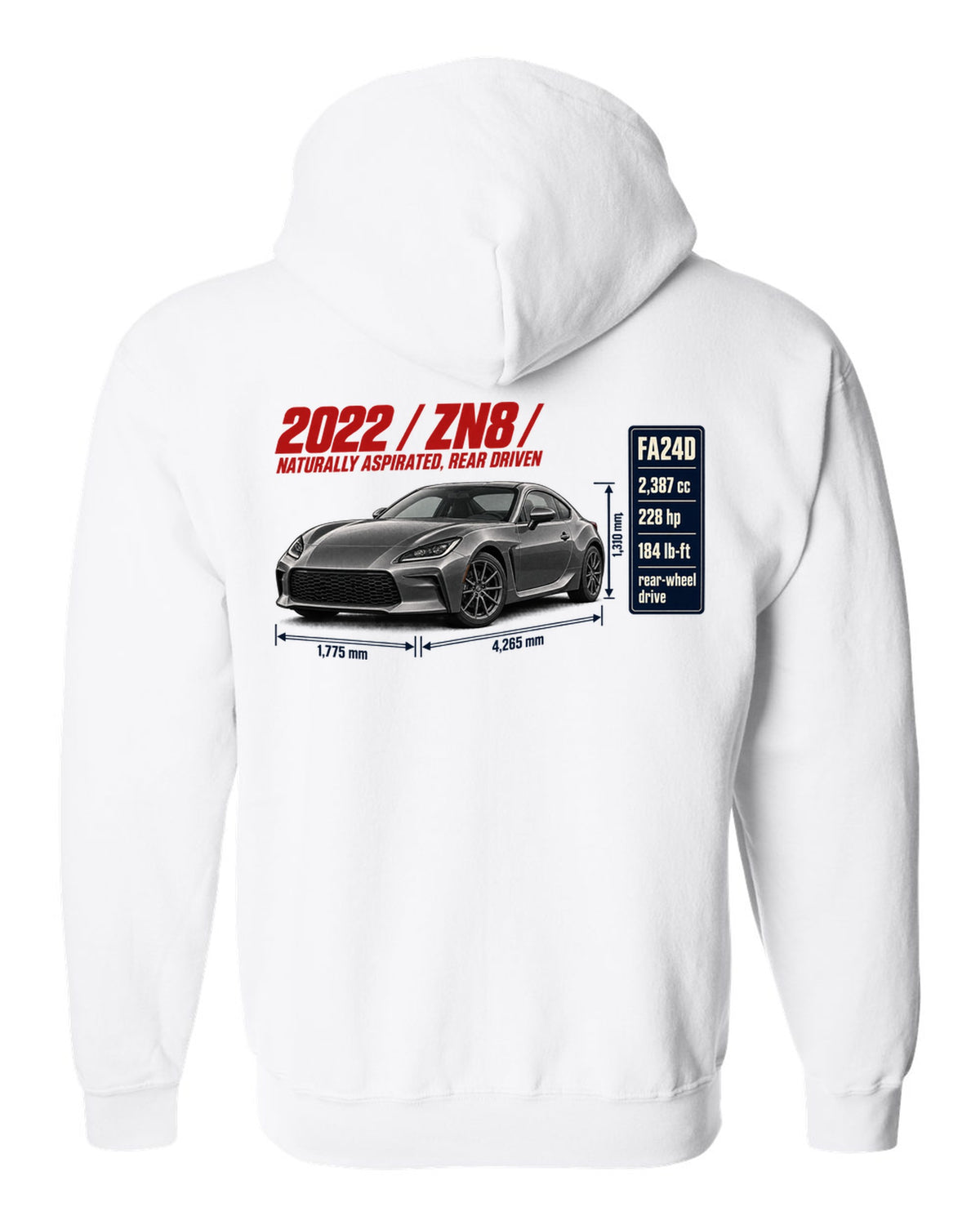 Spec poster layout for a 2022 Toyota GR86 ZN8, poster-style print white zip hoodie back view with the design
