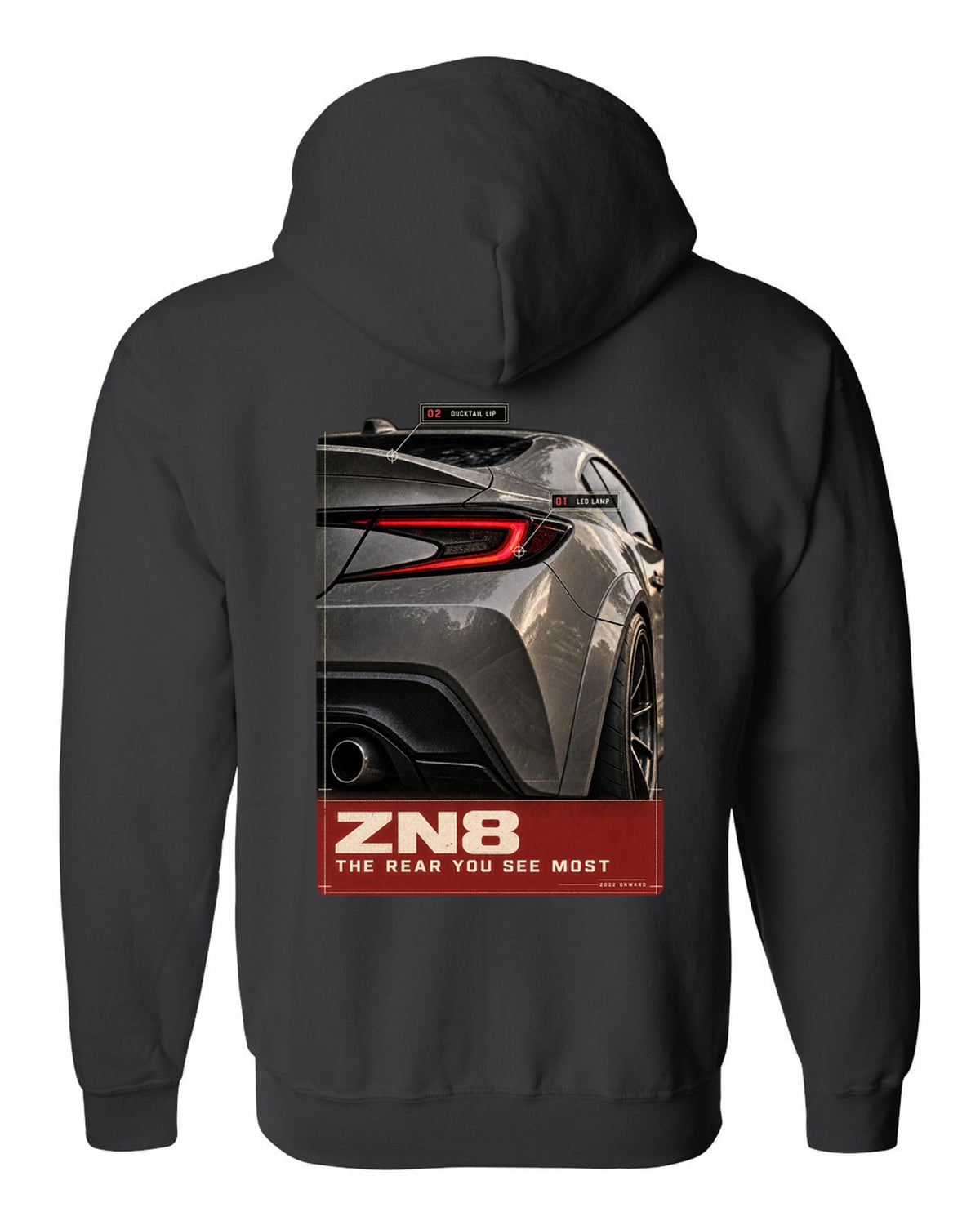 Macro poster-style print of the rear lamp on a Toyota GR86 ZN8 black zip hoodie back view with the design