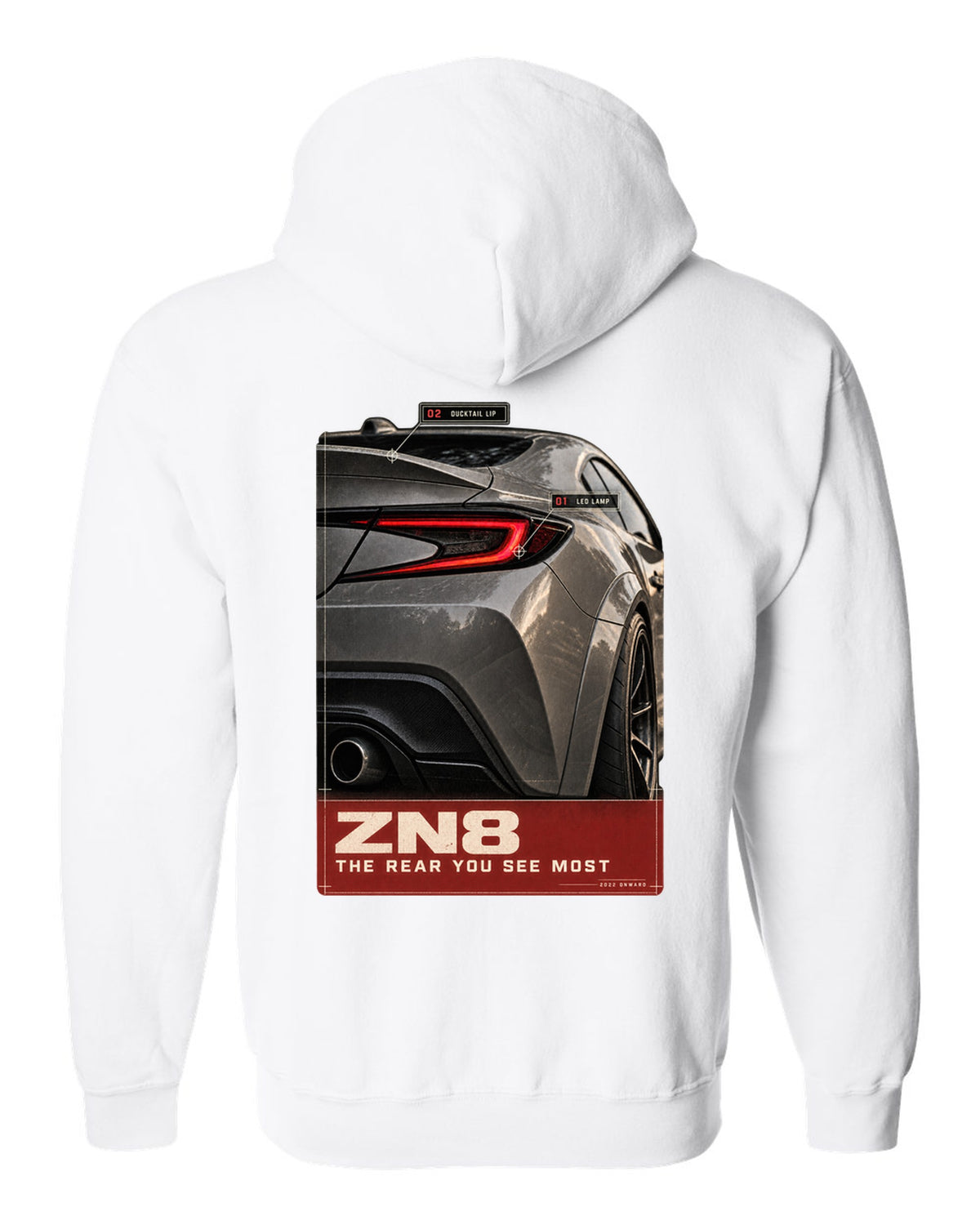 Macro poster-style print of the rear lamp on a Toyota GR86 ZN8 white zip hoodie back view with the design