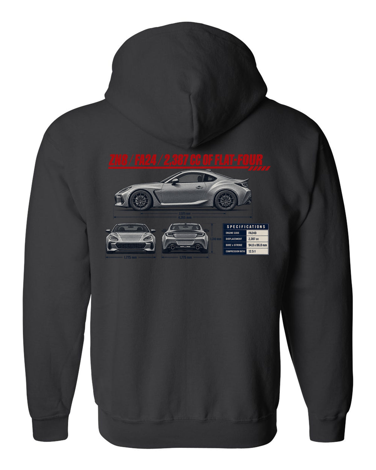 Three-view drawing with spec table of a Toyota GR86 ZN8, poster-style print black zip hoodie back view with the design