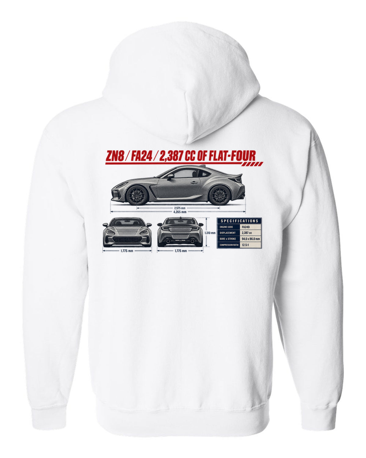 Three-view drawing with spec table of a Toyota GR86 ZN8, poster-style print white zip hoodie back view with the design