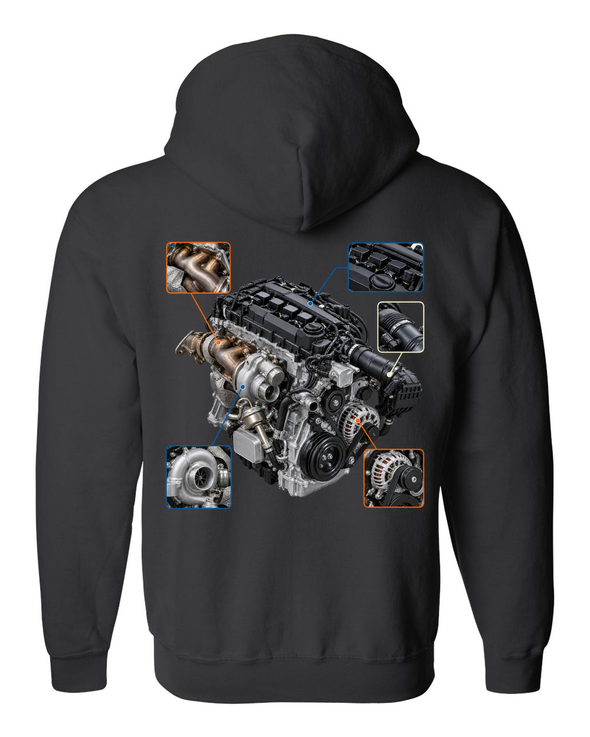 Graphite-blue Toyota GR86 ZN8 shown in three views with spec table black zip hoodie back view with the design
