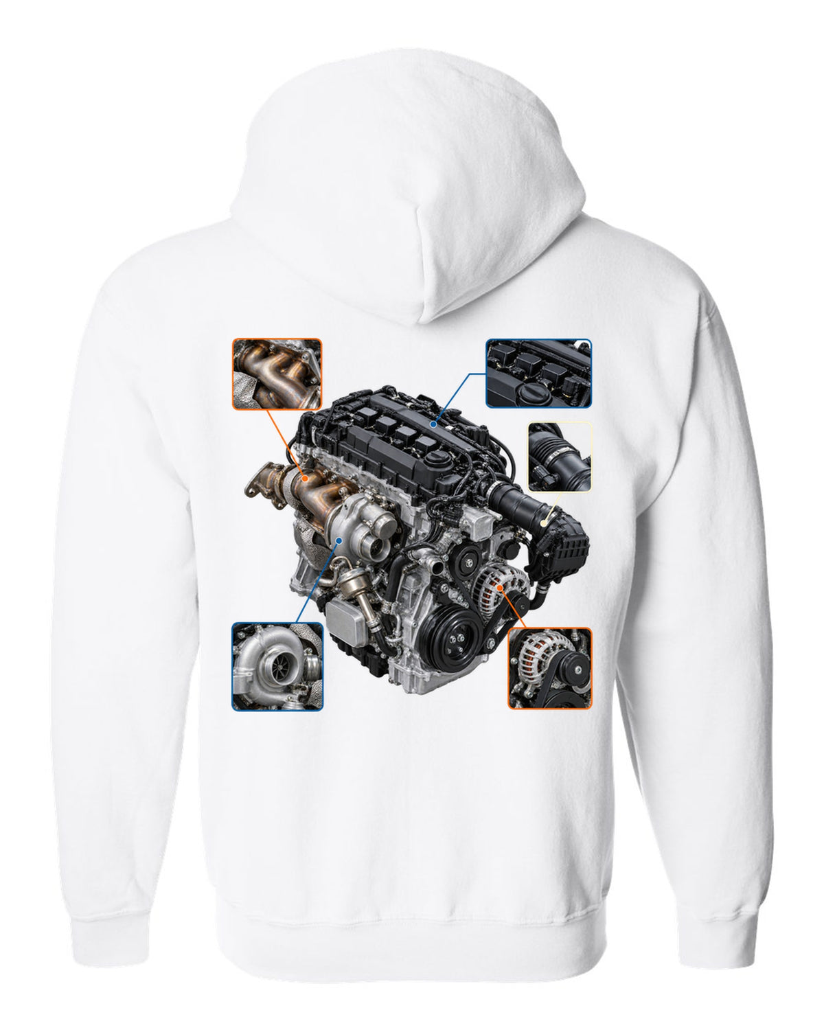 Graphite-blue Toyota GR86 ZN8 shown in three views with spec table white zip hoodie back view with the design