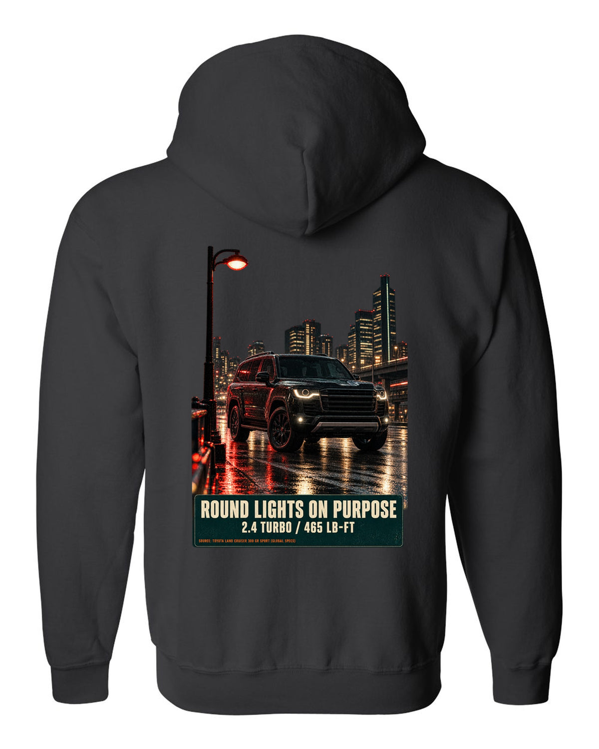 Toyota Land Cruiser 250 First Edition on a mountain pass at night black zip hoodie back view with the design