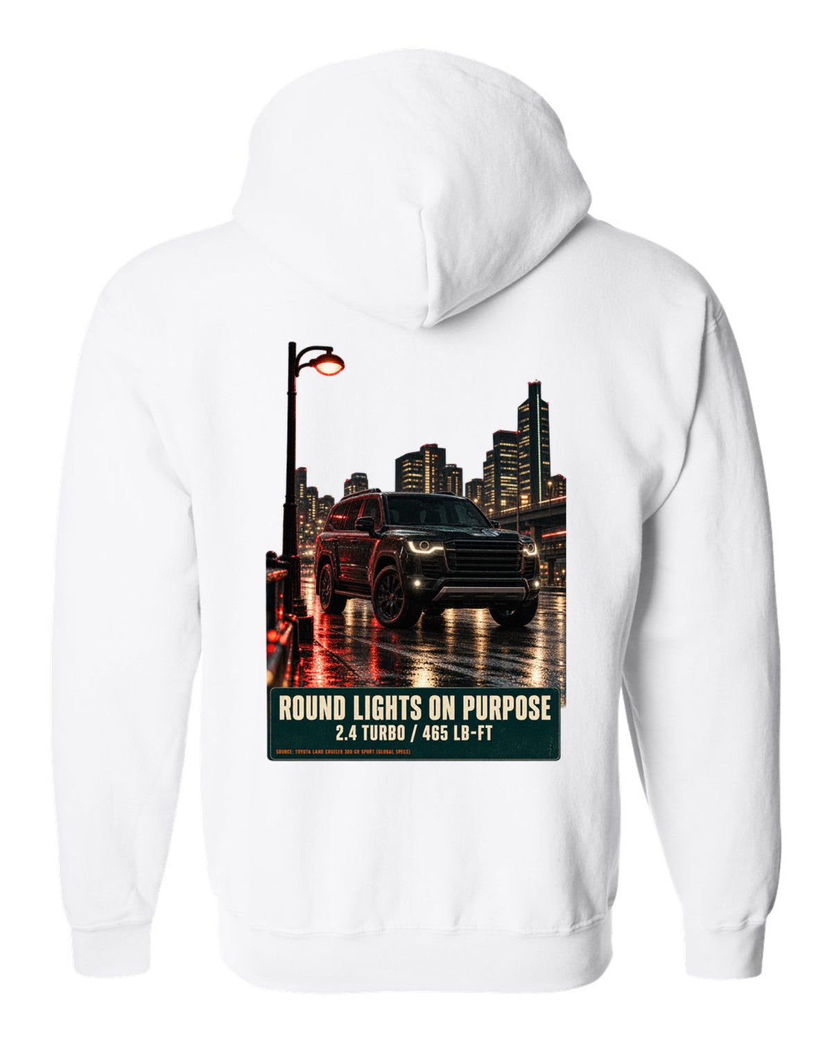 Toyota Land Cruiser 250 First Edition on a mountain pass at night white zip hoodie back view with the design