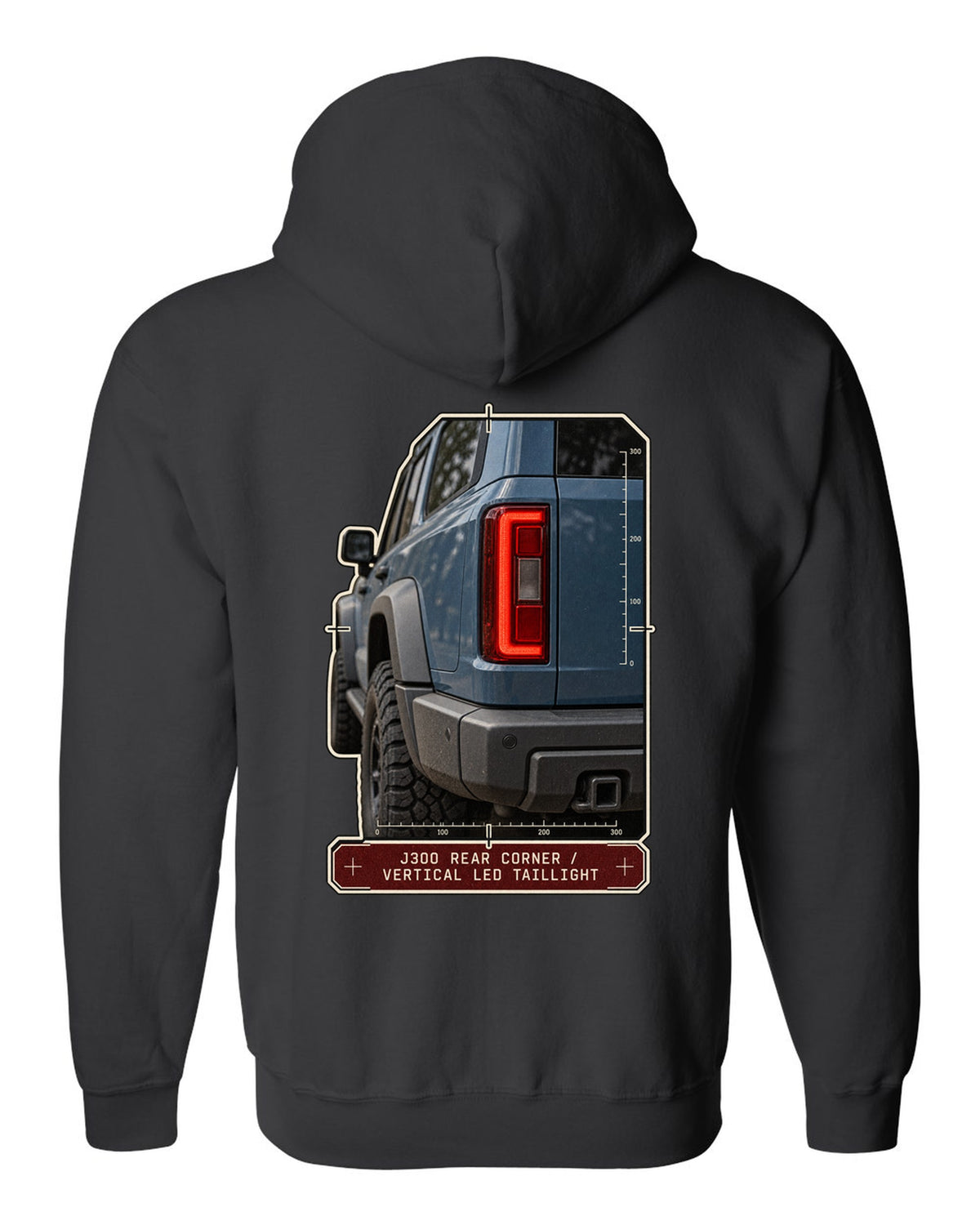 Close-up of Toyota Land Cruiser 300 J300 vertical LED taillight black zip hoodie back view with the design