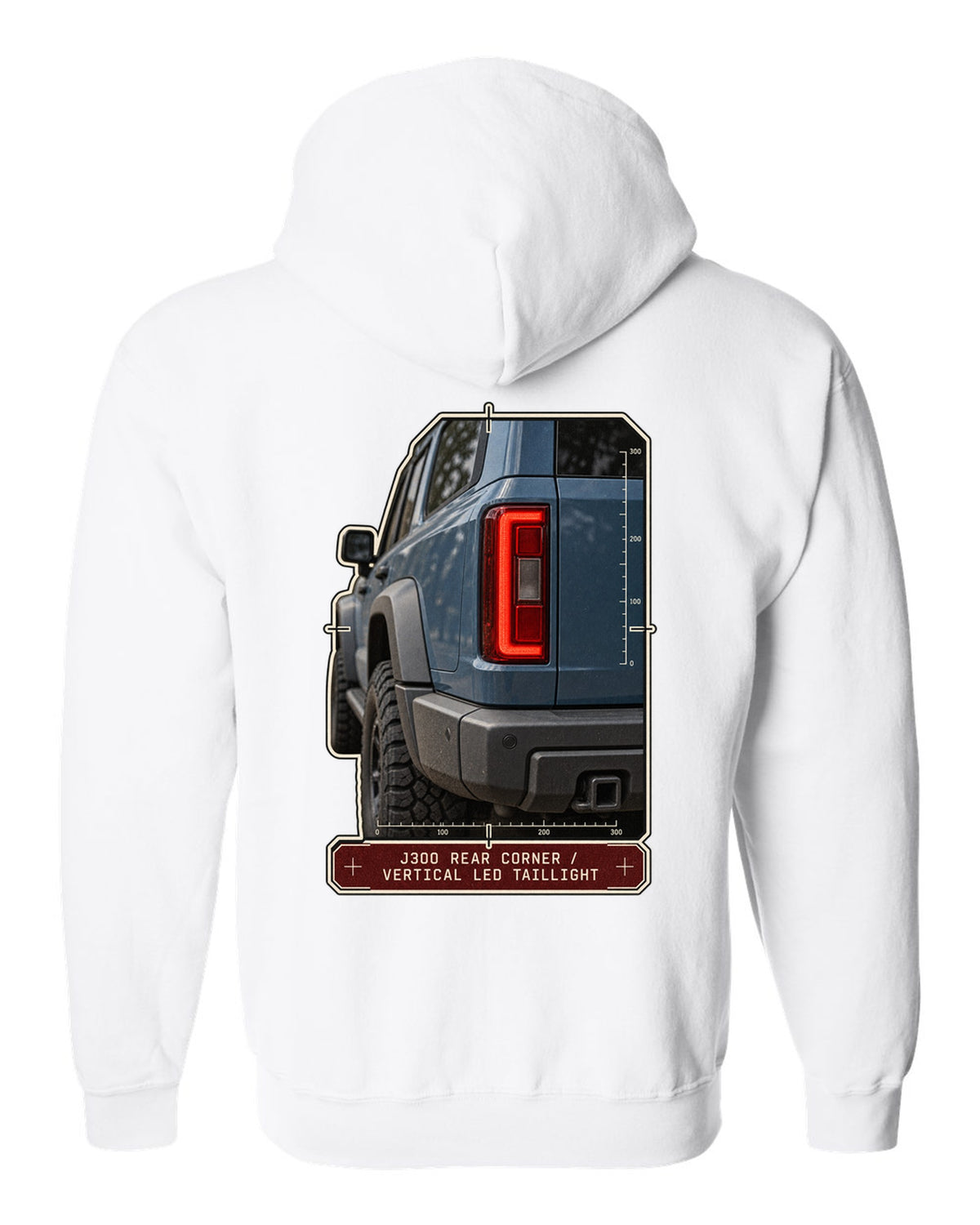 Close-up of Toyota Land Cruiser 300 J300 vertical LED taillight white zip hoodie back view with the design