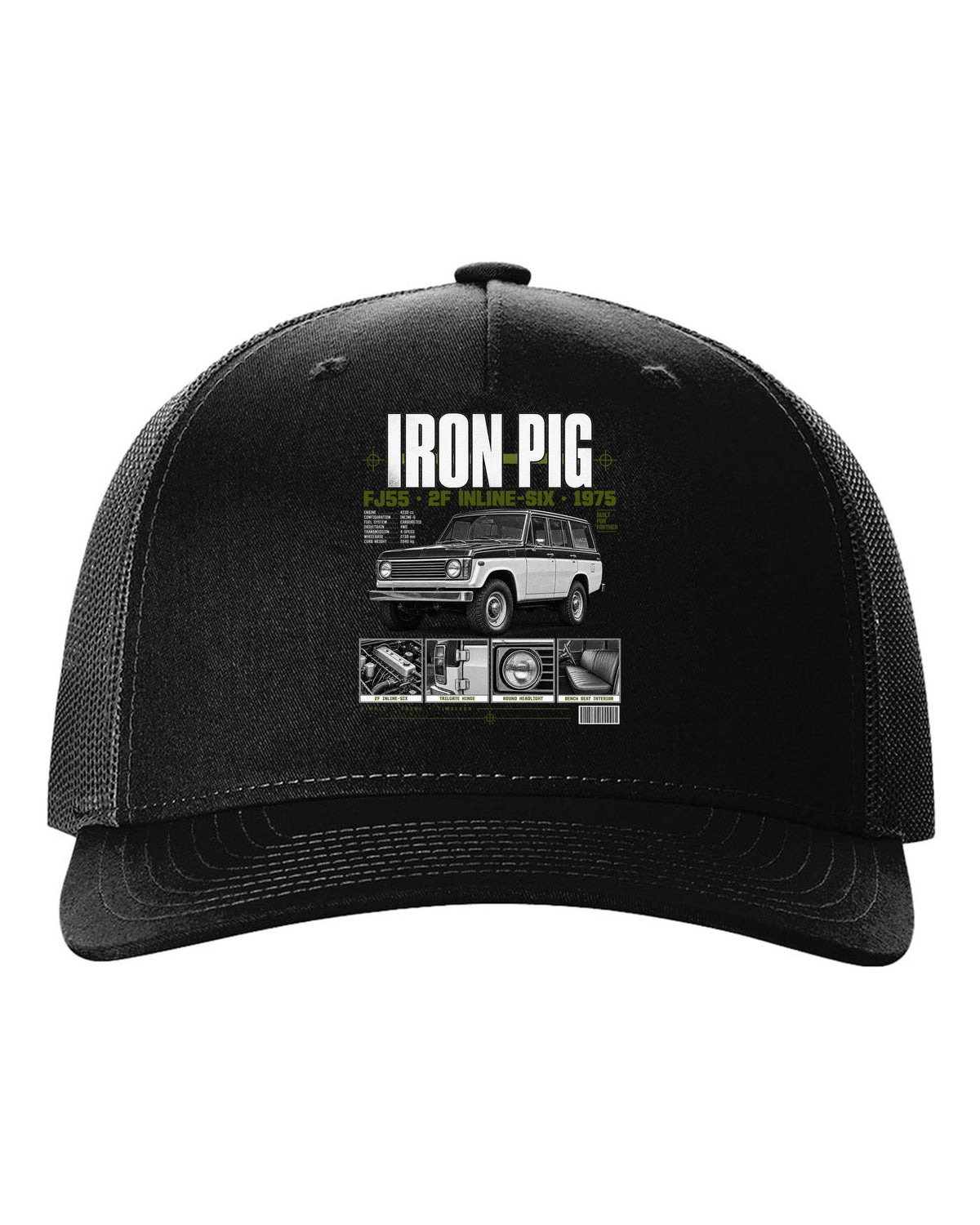 Dossier panel print of a Toyota Land Cruiser FJ55 wagon with Iron Pig and 2F text black hat front view with the design