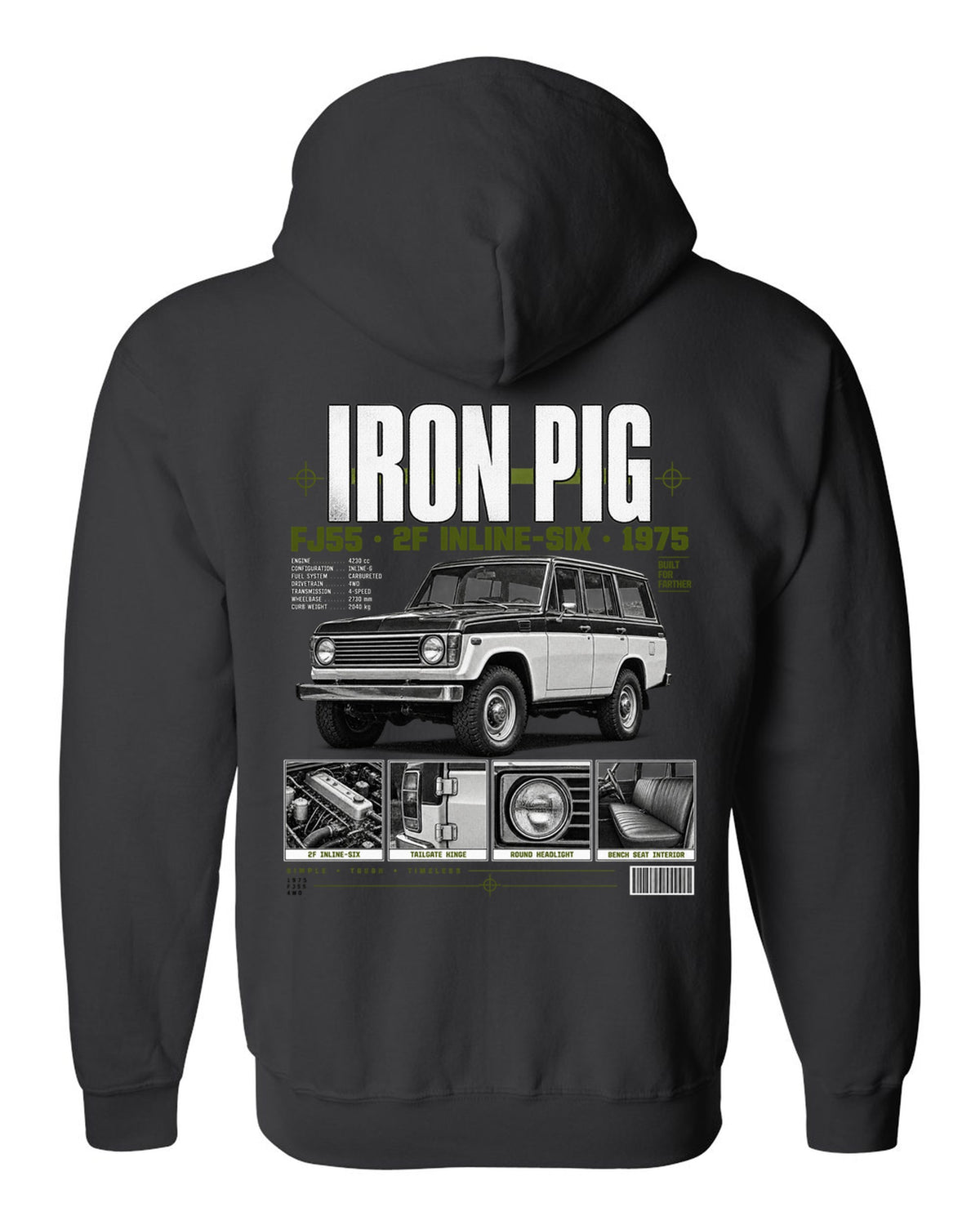 Dossier panel print of a Toyota Land Cruiser FJ55 wagon with Iron Pig and 2F text black zip hoodie back view with the design