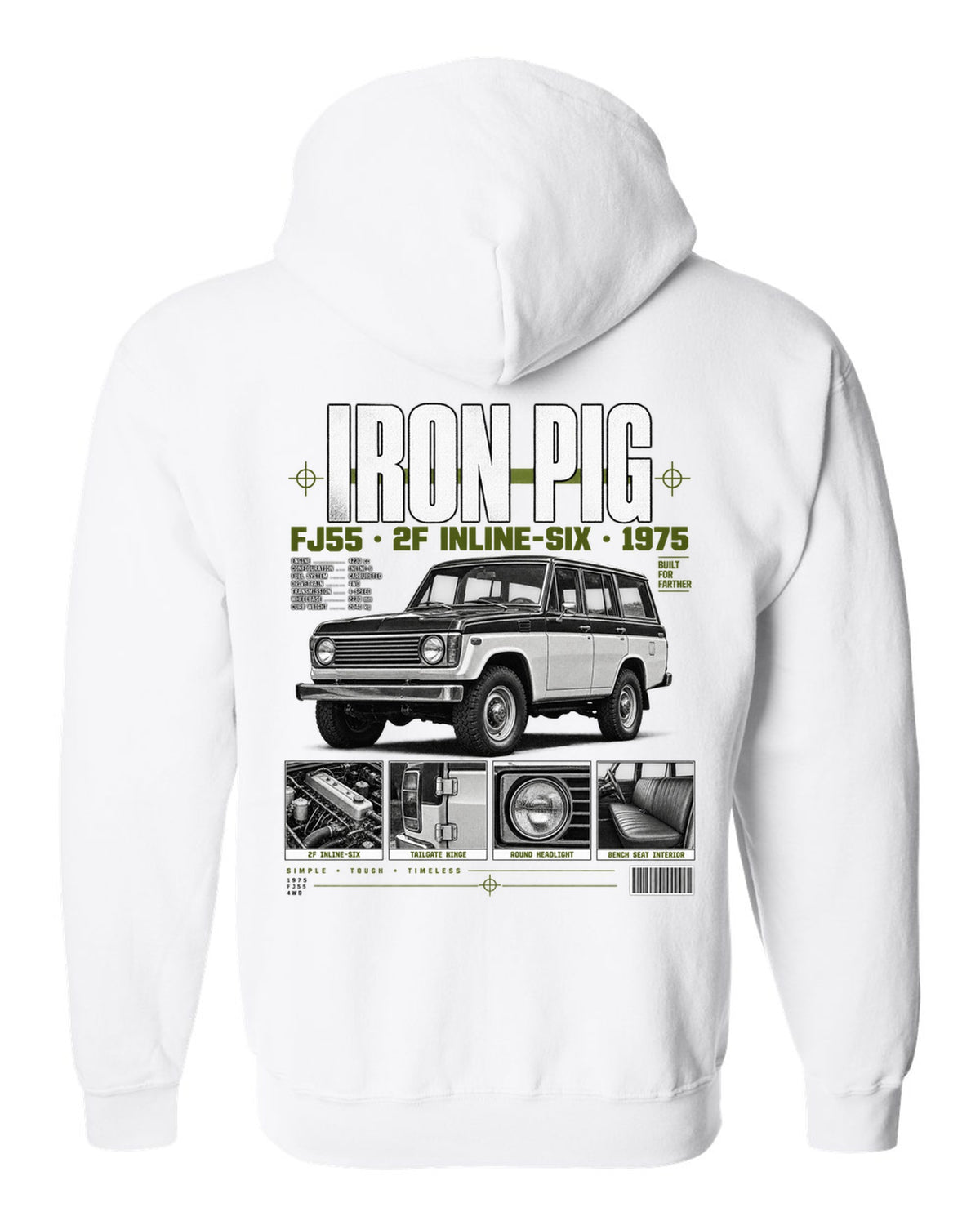 Dossier panel print of a Toyota Land Cruiser FJ55 wagon with Iron Pig and 2F text white zip hoodie back view with the design