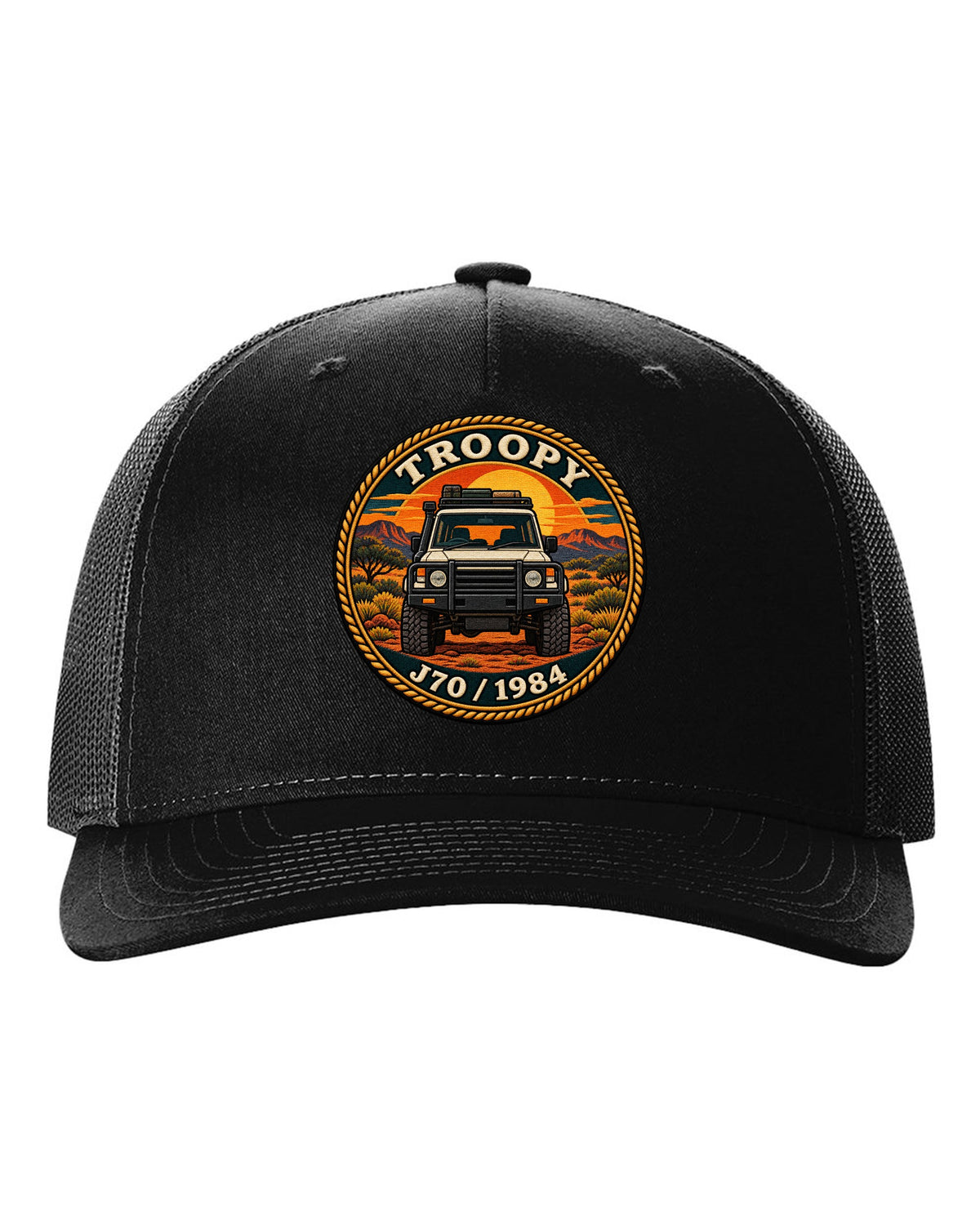 Sunset stamp patch crest of a Toyota Land Cruiser J70 troop carrier with the word Troopy black hat front view with the design