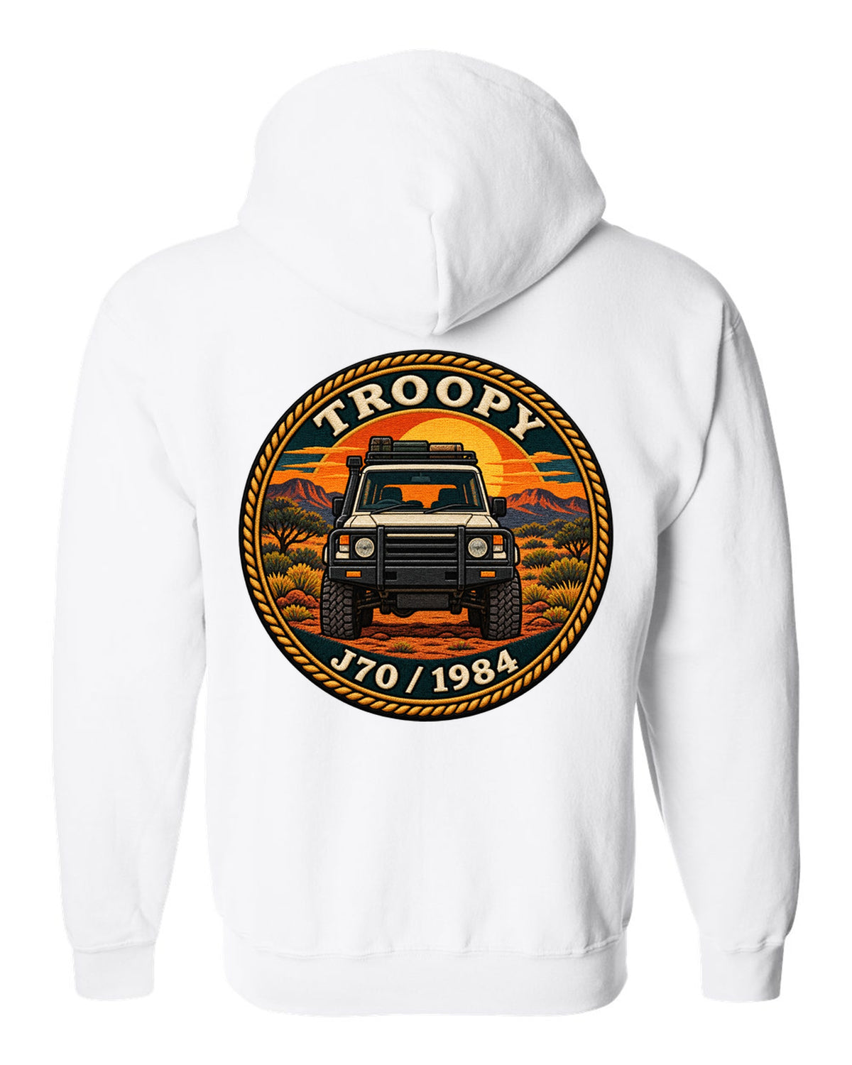 Sunset stamp patch crest of a Toyota Land Cruiser J70 troop carrier with the word Troopy white zip hoodie back view with the design