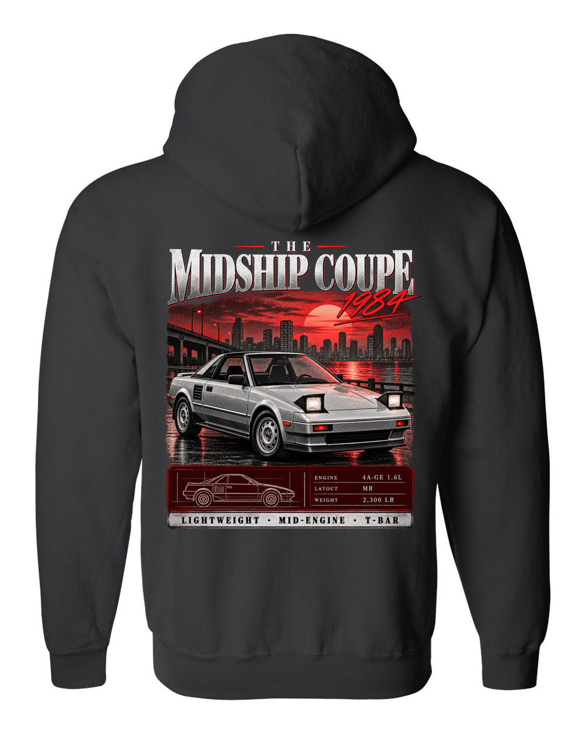 Archive panel print of a Toyota MR2 AW11 with the text The Midship Coupe 1984 black zip hoodie back view with the design