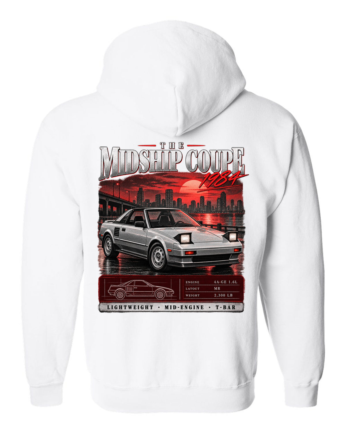 Archive panel print of a Toyota MR2 AW11 with the text The Midship Coupe 1984 white zip hoodie back view with the design