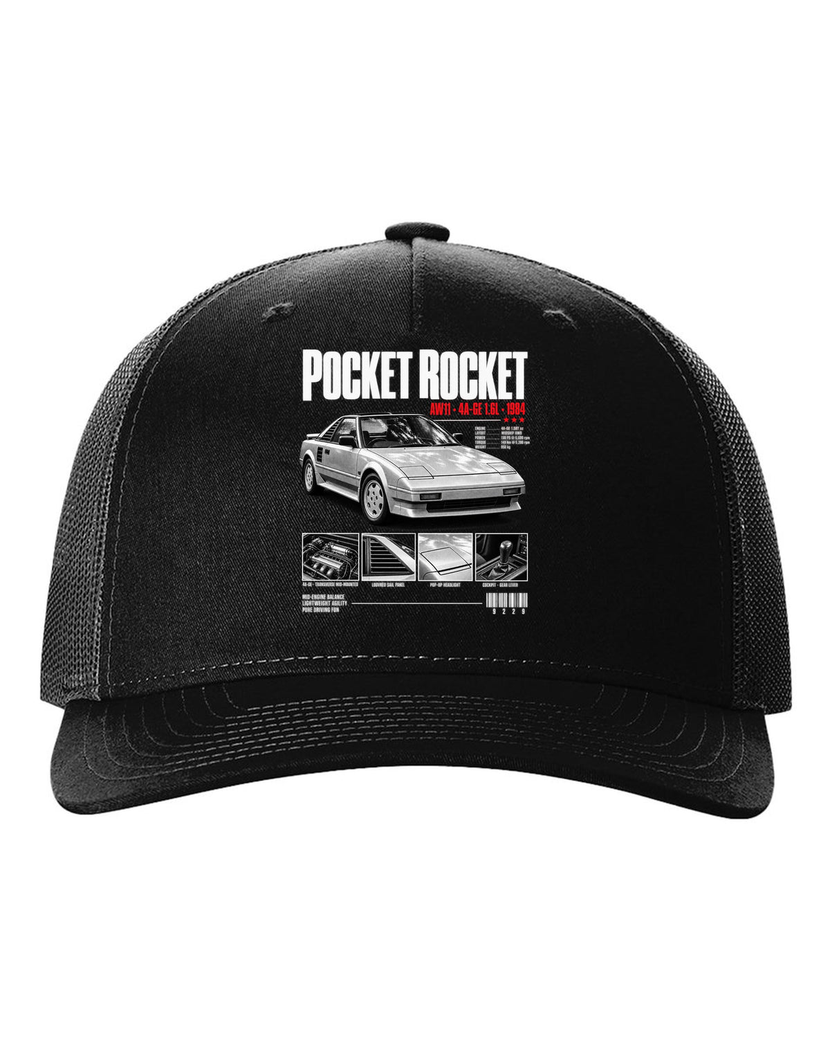 Dossier panel print of a Toyota MR2 AW11 with Pocket Rocket and 4A-GE text black hat front view with the design