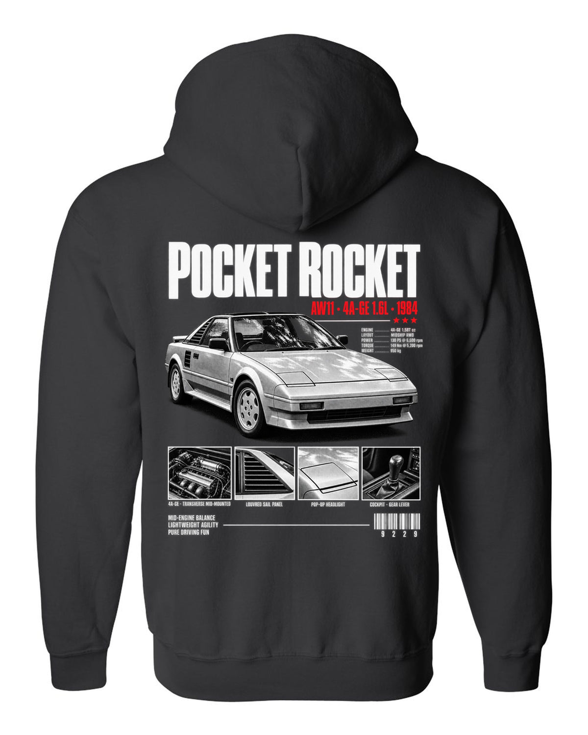Dossier panel print of a Toyota MR2 AW11 with Pocket Rocket and 4A-GE text black zip hoodie back view with the design
