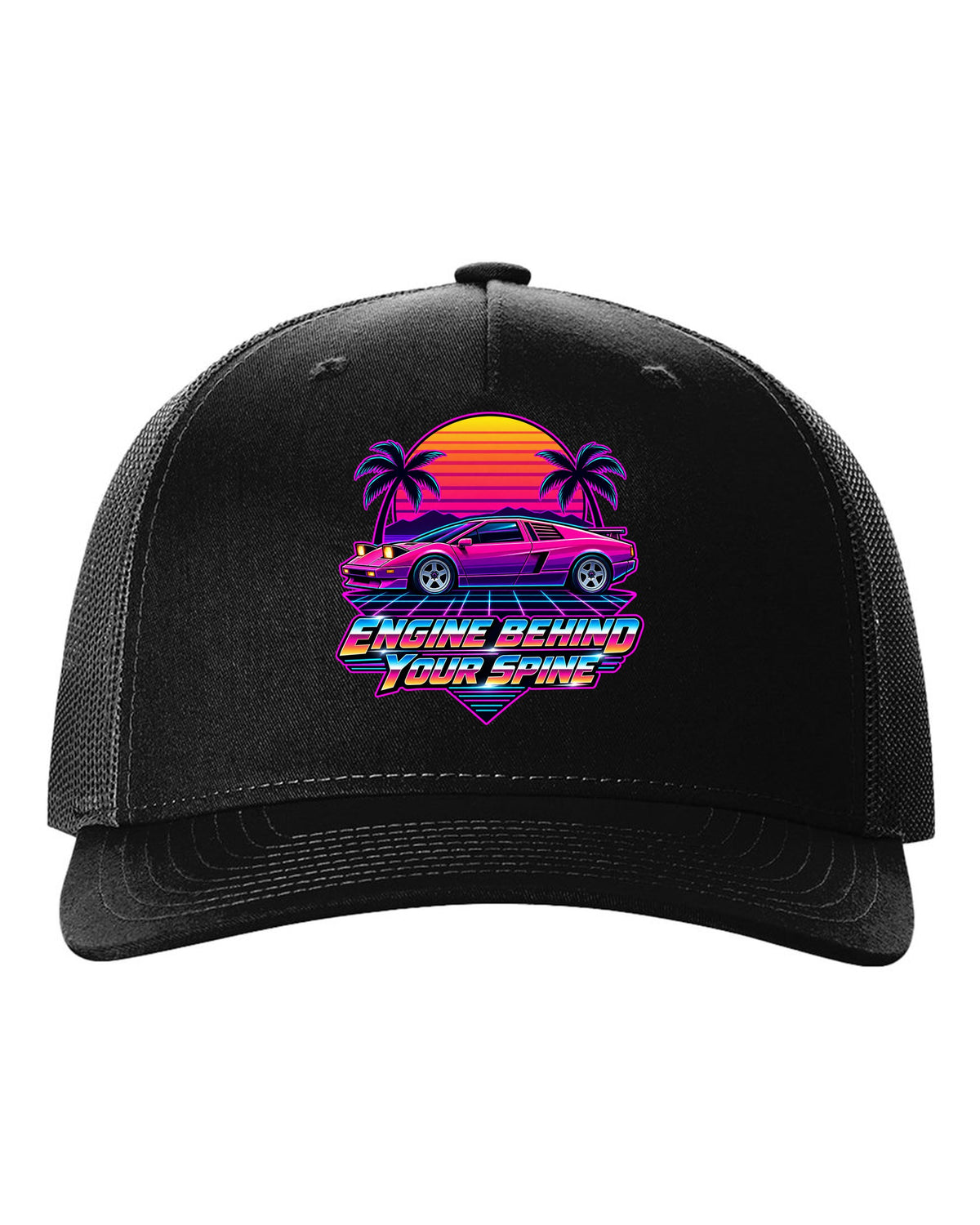 Synthwave sunset grid with a Toyota MR2 AW11 driving toward the horizon black hat front view with the design