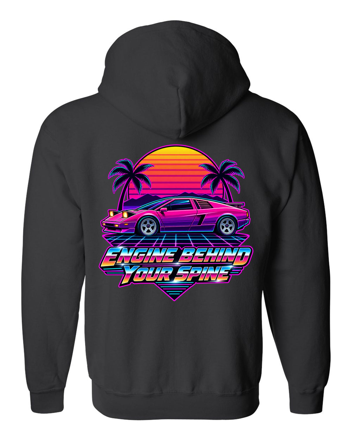 Synthwave sunset grid with a Toyota MR2 AW11 driving toward the horizon black zip hoodie back view with the design
