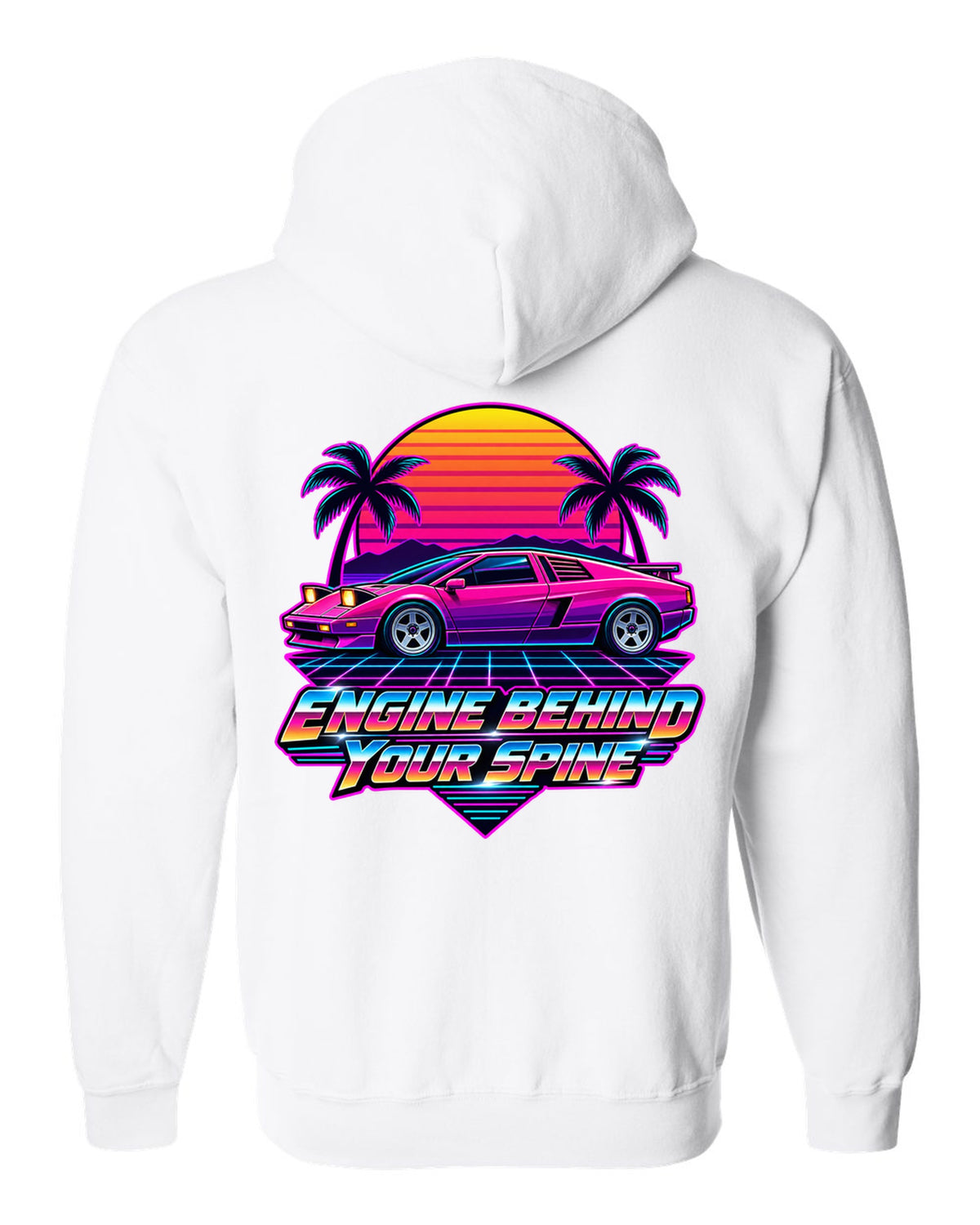 Synthwave sunset grid with a Toyota MR2 AW11 driving toward the horizon white zip hoodie back view with the design