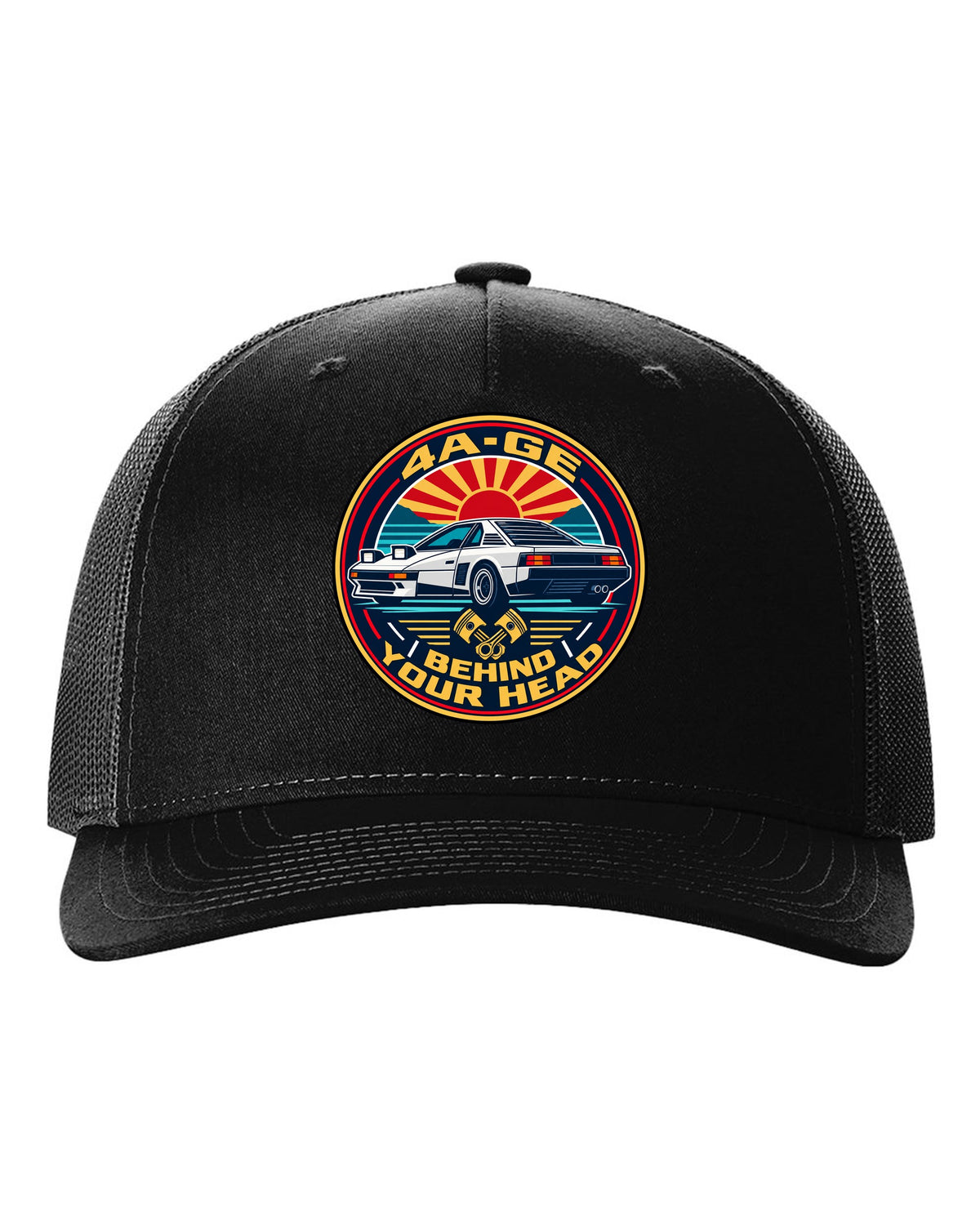 Round crest print of a Toyota MR2 AW11 with 4A-GE text black hat front view with the design