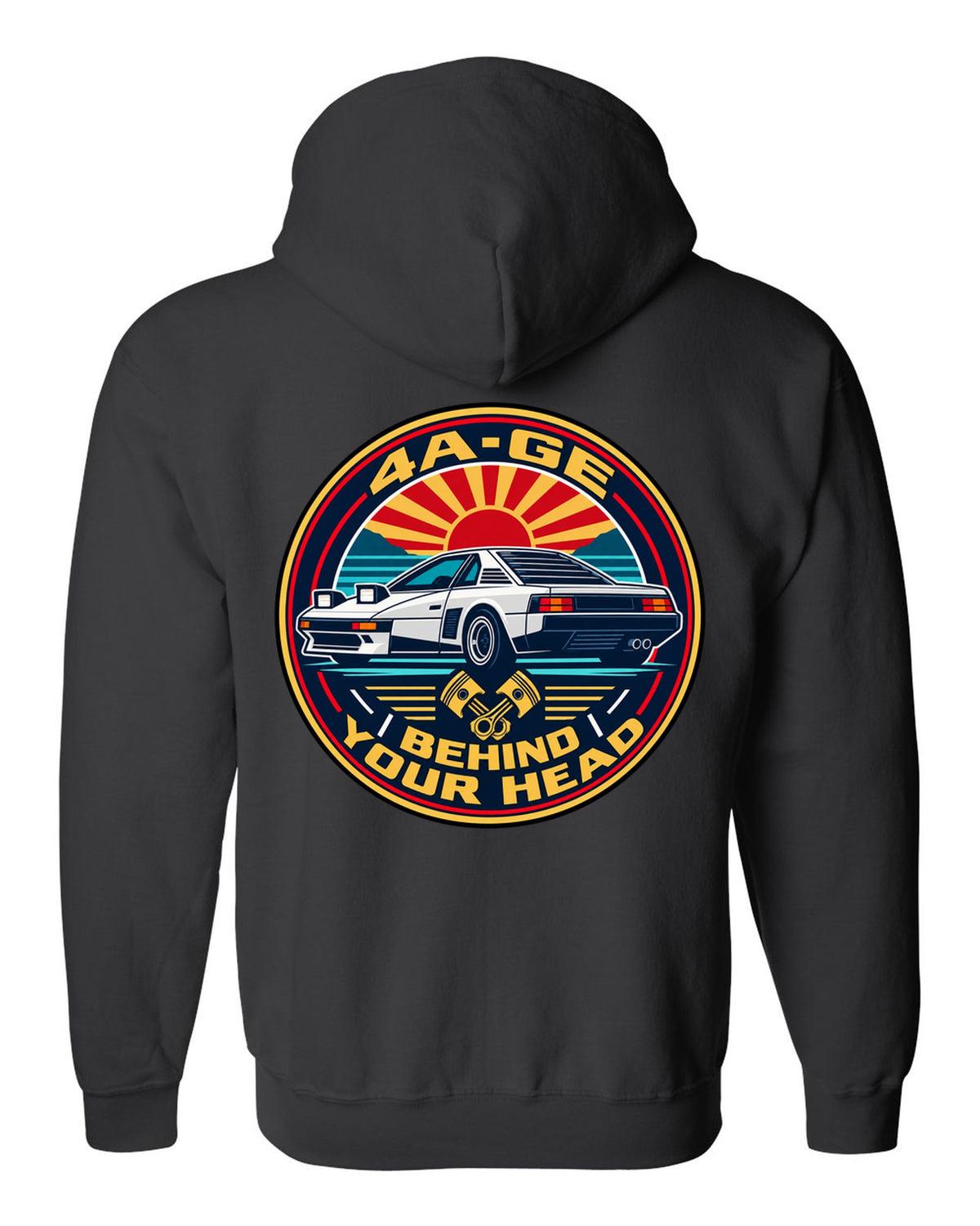 Round crest print of a Toyota MR2 AW11 with 4A-GE text black zip hoodie back view with the design