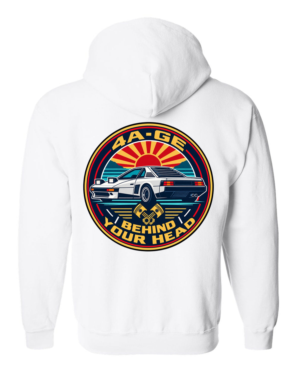 Round crest print of a Toyota MR2 AW11 with 4A-GE text white zip hoodie back view with the design