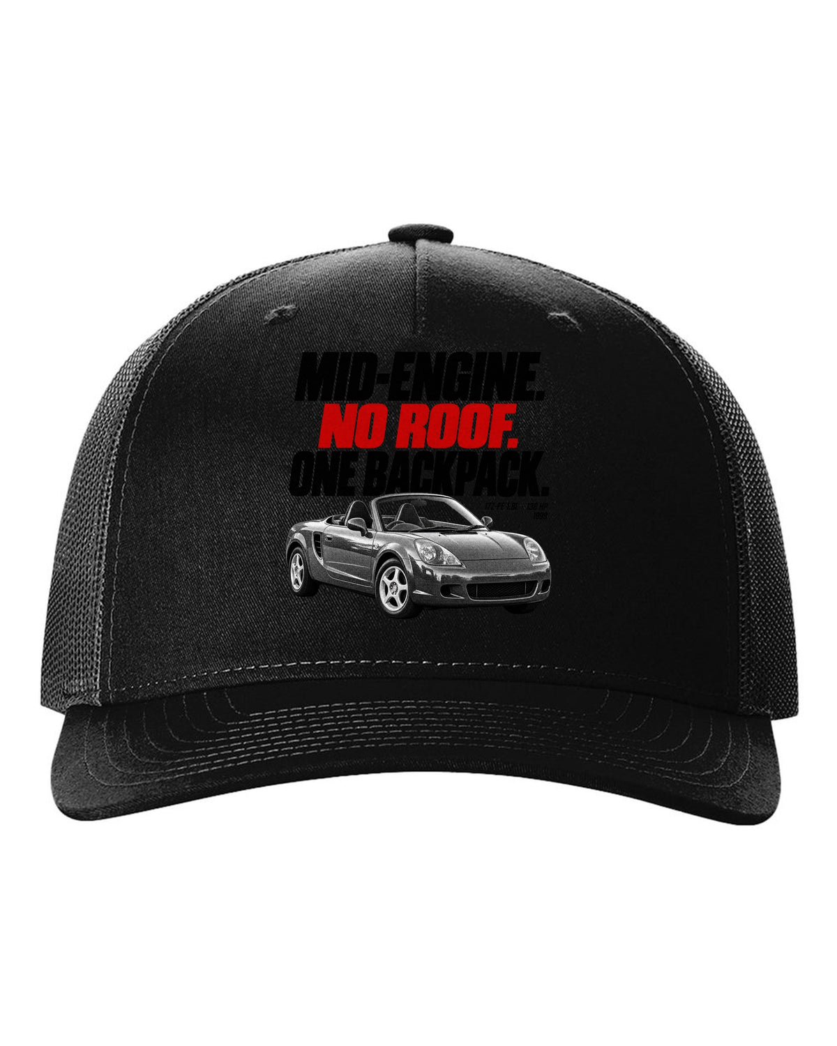 Halftone print of a Toyota MR2 Spyder W30 MR-S with the text Mid-Engine No Roof One Backpack black hat front view with the design