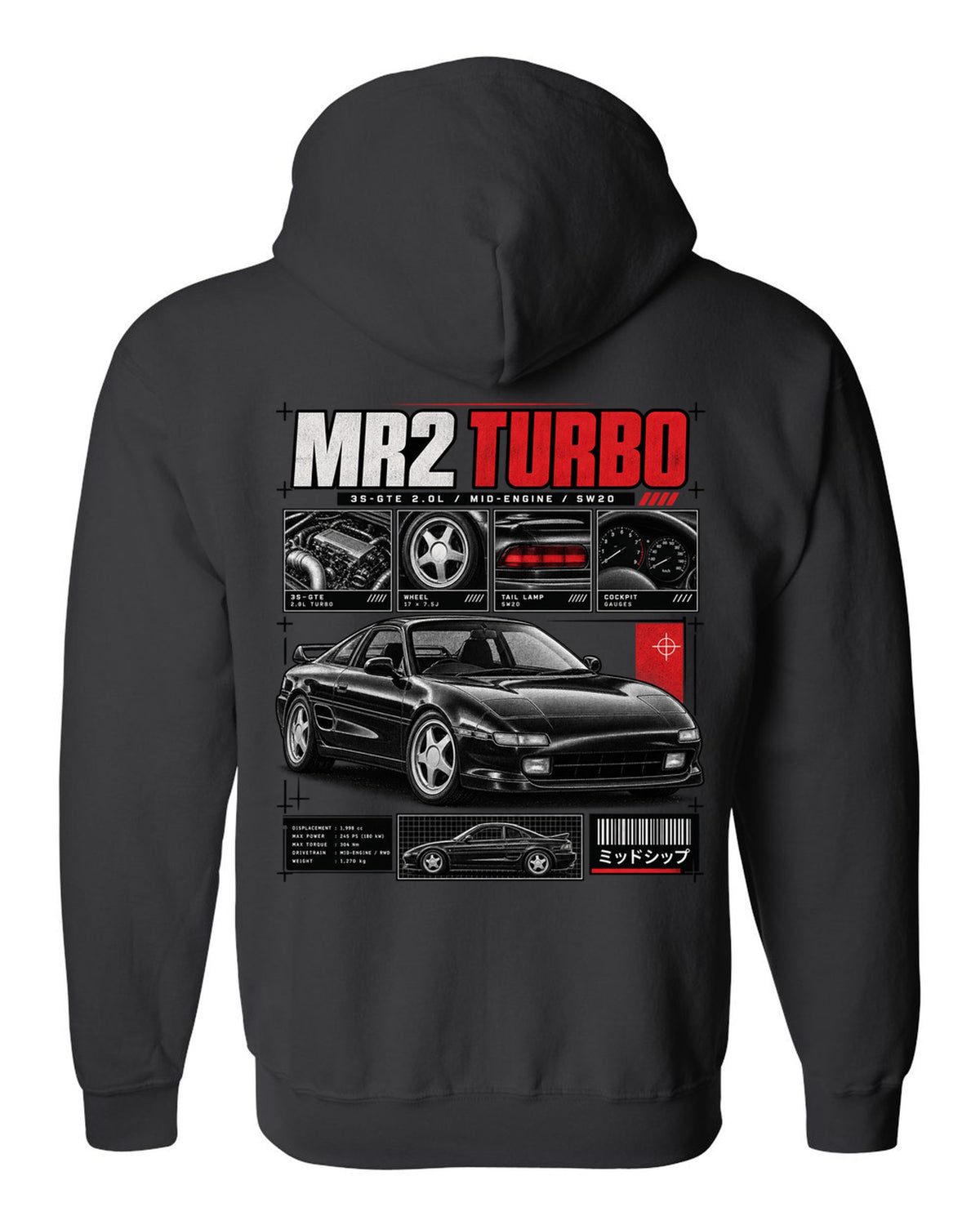 print of a Toyota MR2 SW20 Turbo in dossier panels with 3S-GTE 2.0L and mid-engine text black zip hoodie back view with the design
