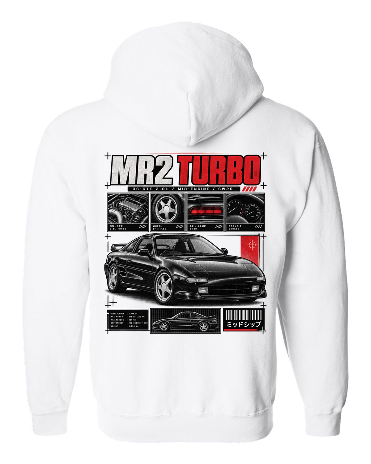 print of a Toyota MR2 SW20 Turbo in dossier panels with 3S-GTE 2.0L and mid-engine text white zip hoodie back view with the design