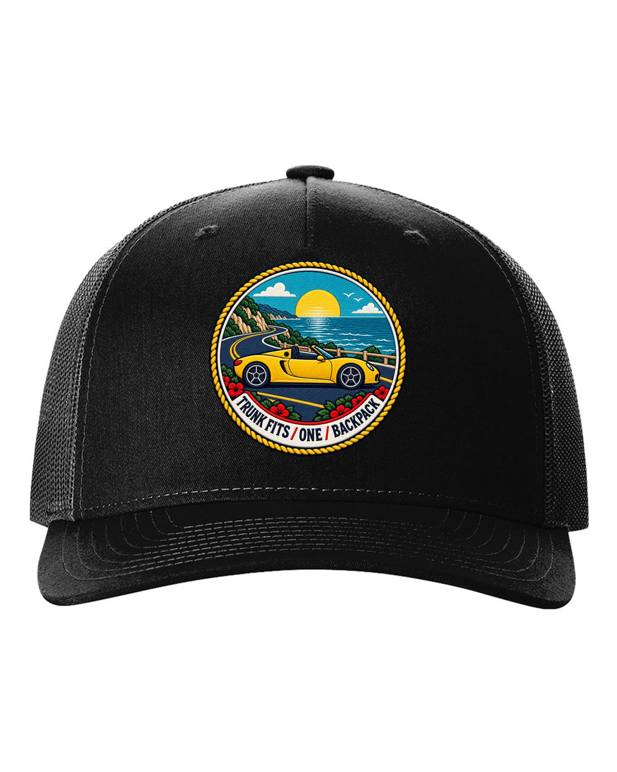 Varsity crest design for the Toyota MR2 W30 MR-S open roadster black hat front view with the design