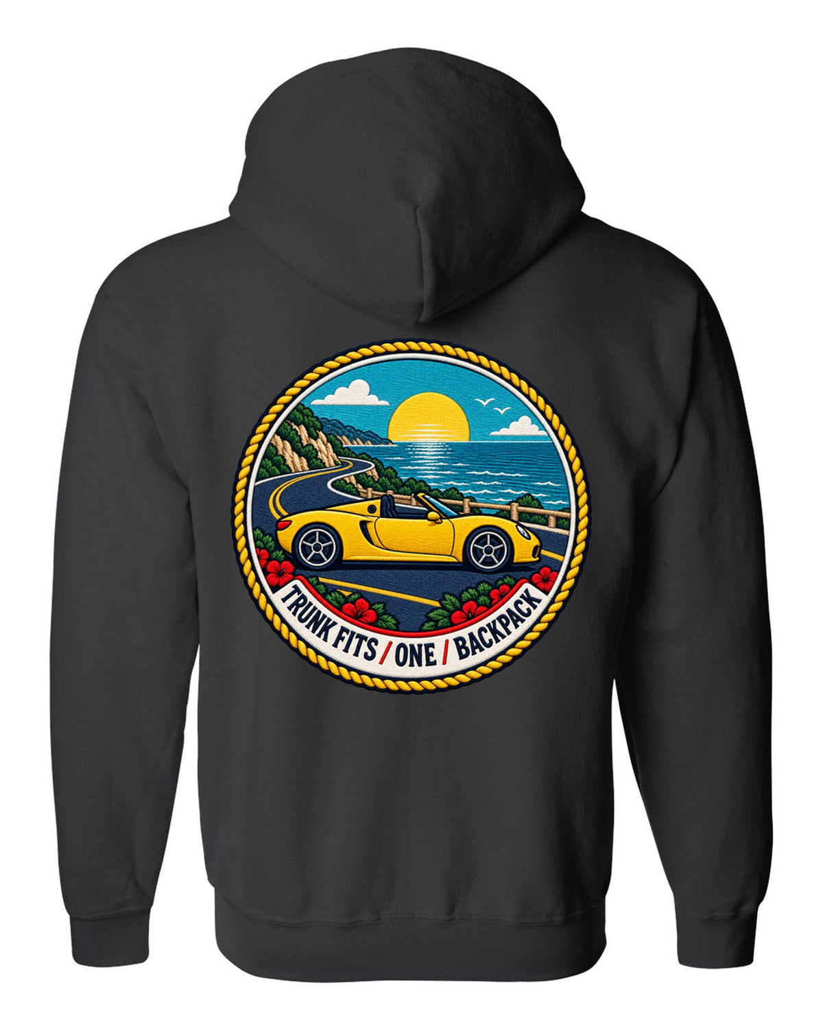 Varsity crest design for the Toyota MR2 W30 MR-S open roadster black zip hoodie back view with the design