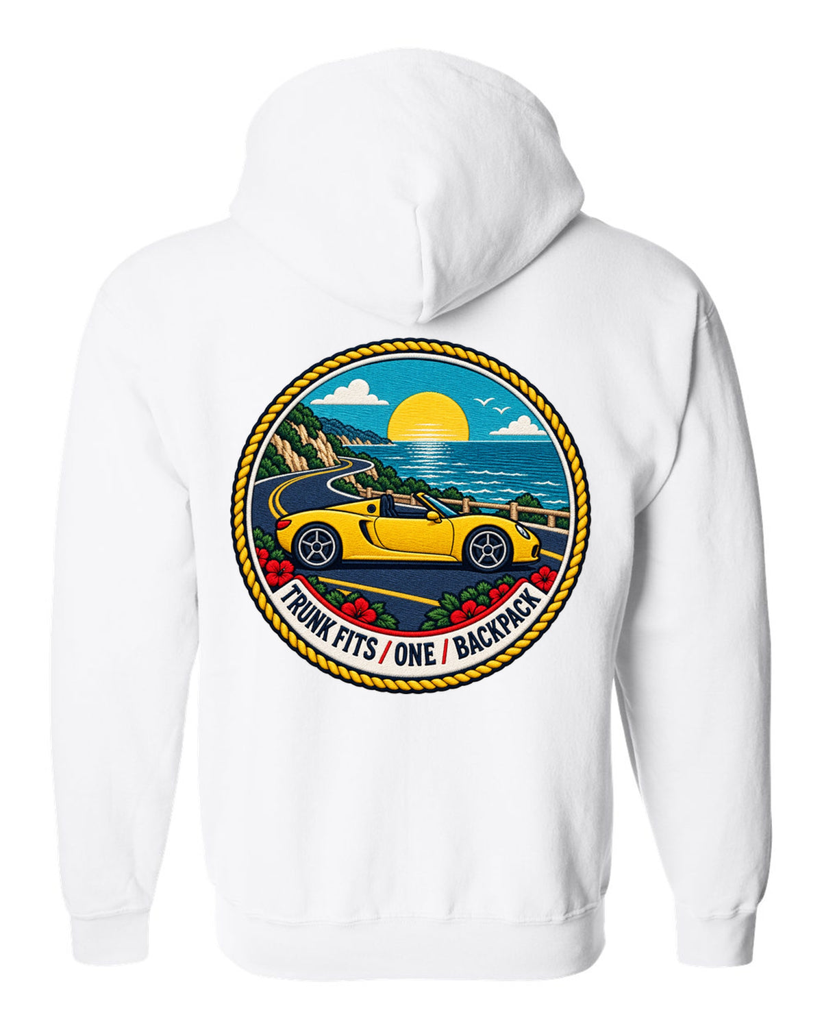 Varsity crest design for the Toyota MR2 W30 MR-S open roadster white zip hoodie back view with the design