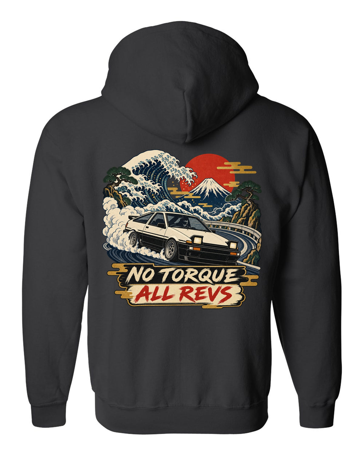 Woodblock ukiyo-e print of a 1985 Toyota Sprinter Trueno AE86 with No Torque All Revs lettering black zip hoodie back view with the design