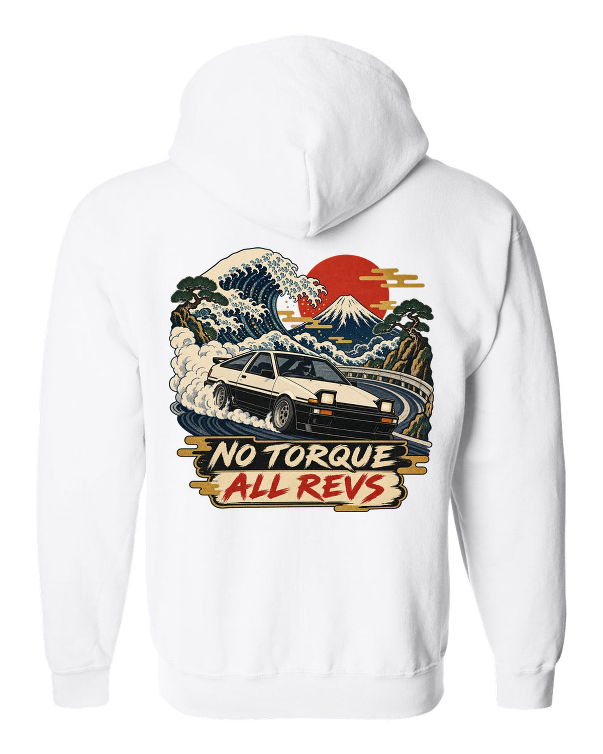 Woodblock ukiyo-e print of a 1985 Toyota Sprinter Trueno AE86 with No Torque All Revs lettering white zip hoodie back view with the design