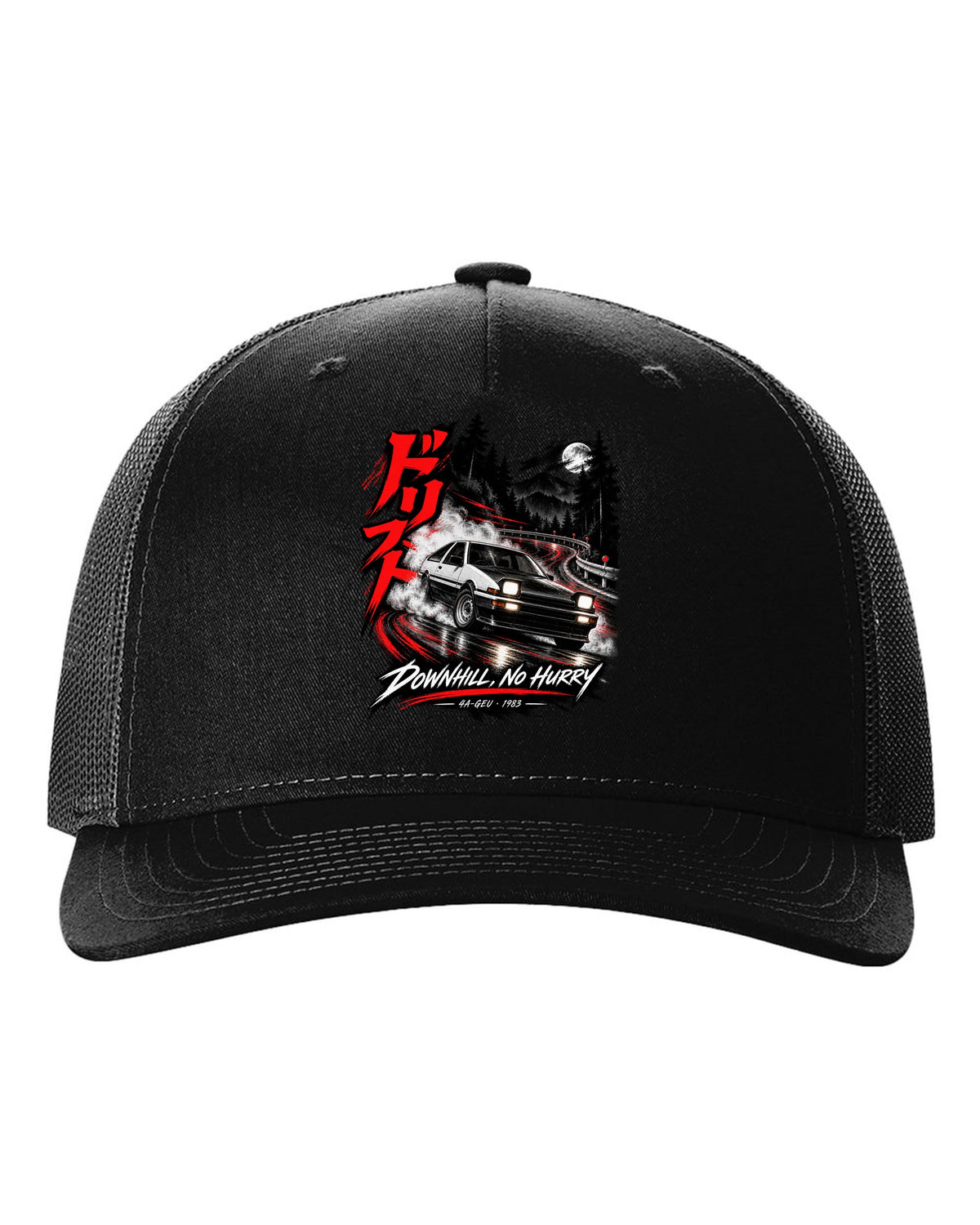 Touge night print of a Toyota Sprinter Trueno AE86 zenki with drift kanji and Downhill No Hurry text black hat front view with the design