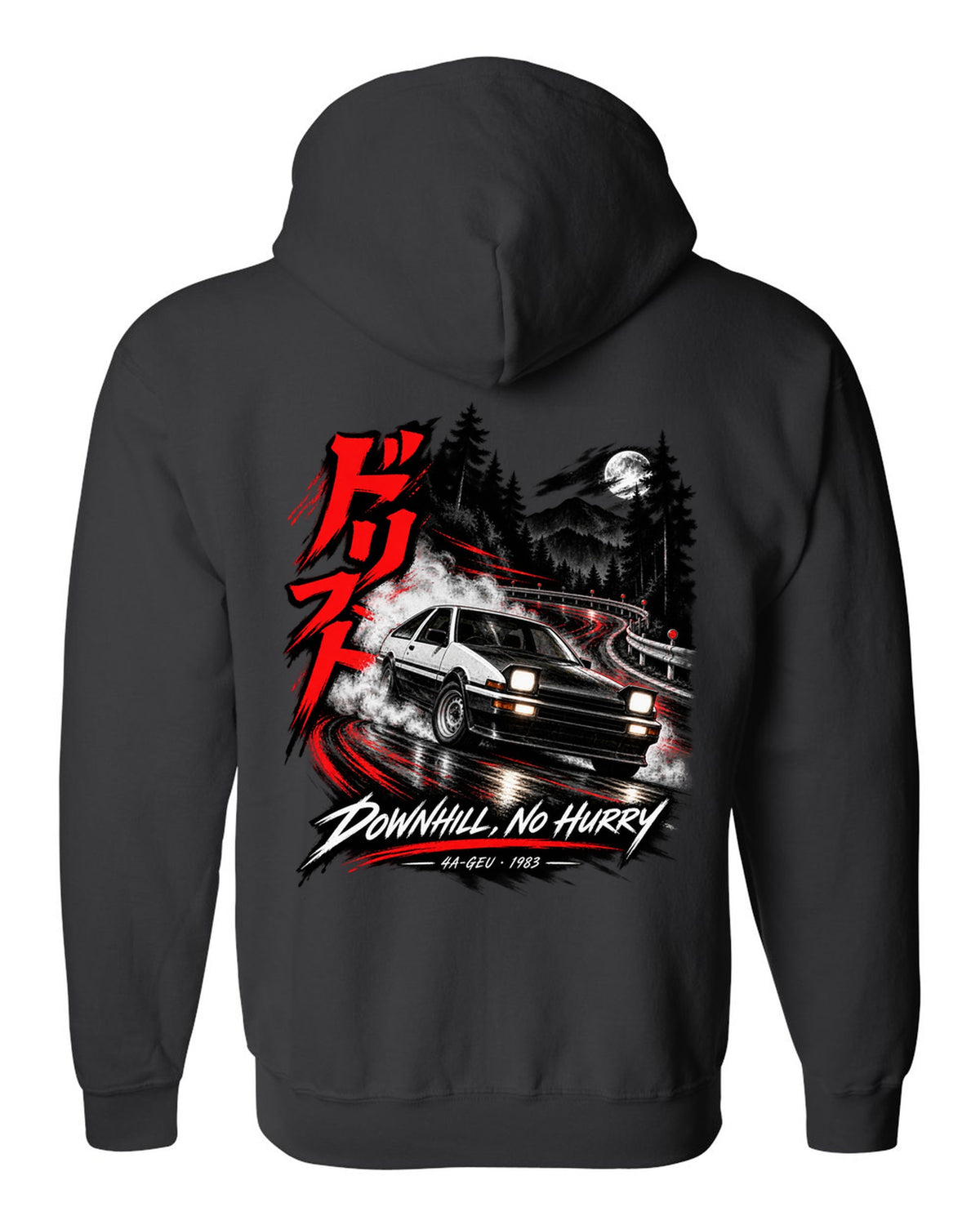 Touge night print of a Toyota Sprinter Trueno AE86 zenki with drift kanji and Downhill No Hurry text black zip hoodie back view with the design