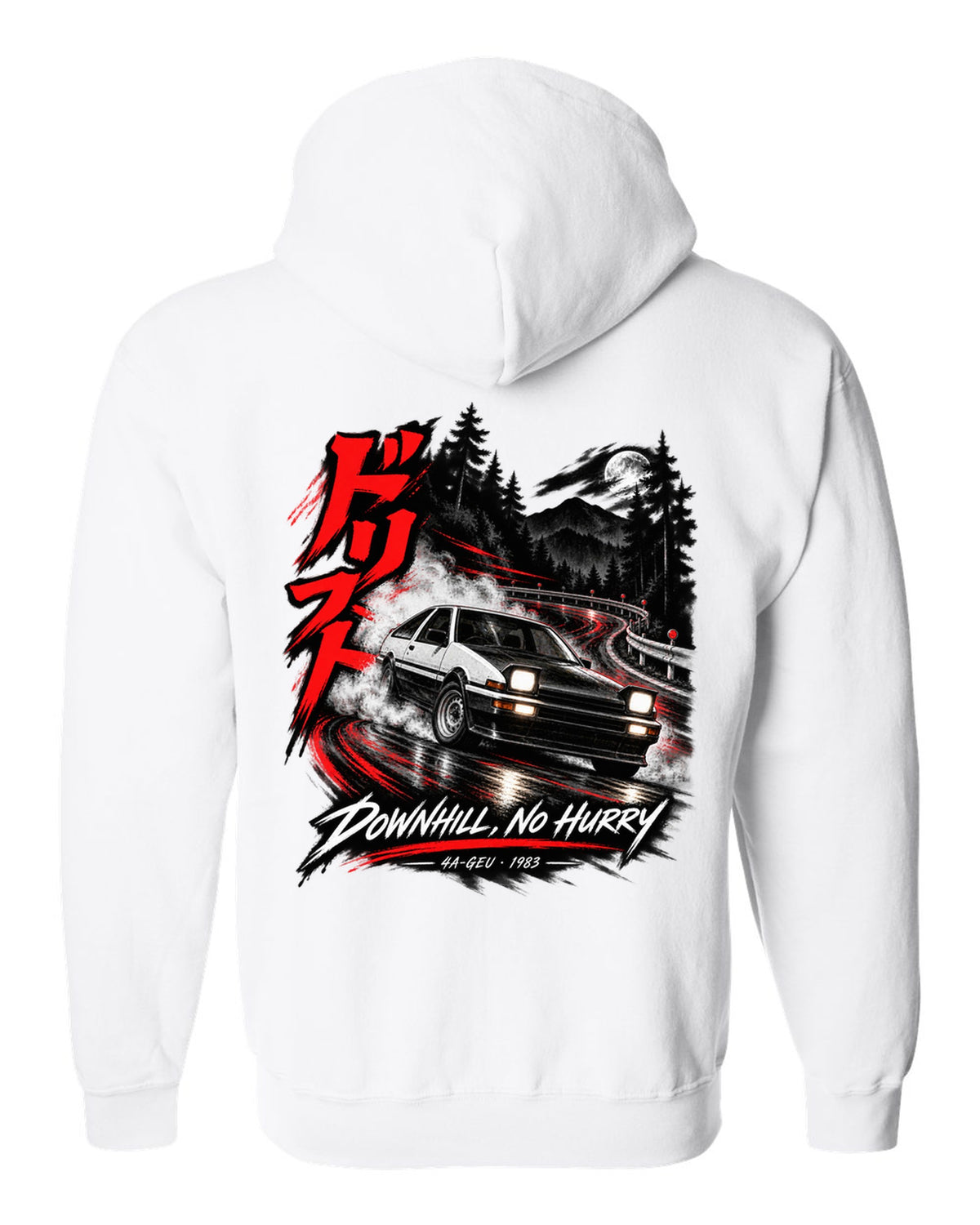 Touge night print of a Toyota Sprinter Trueno AE86 zenki with drift kanji and Downhill No Hurry text white zip hoodie back view with the design