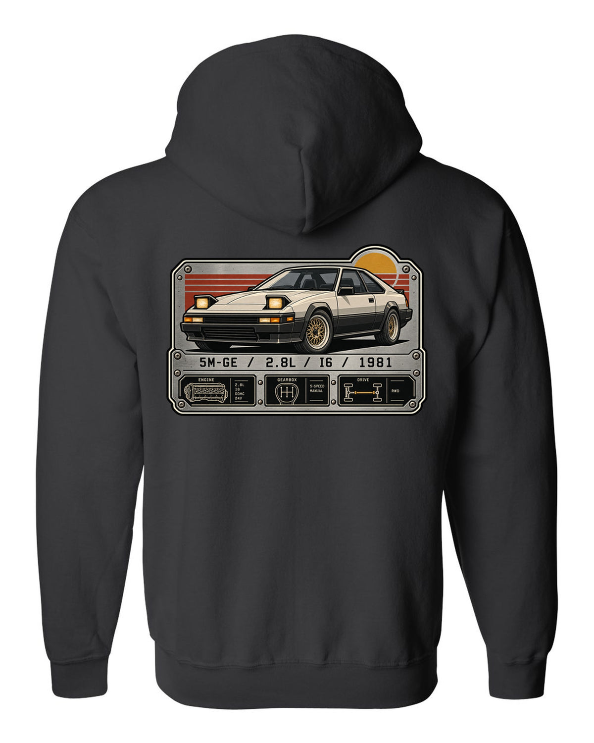 Spec-sheet data plate for the Toyota Supra A60 MA61 5M-GE 2.8L inline six black zip hoodie back view with the design