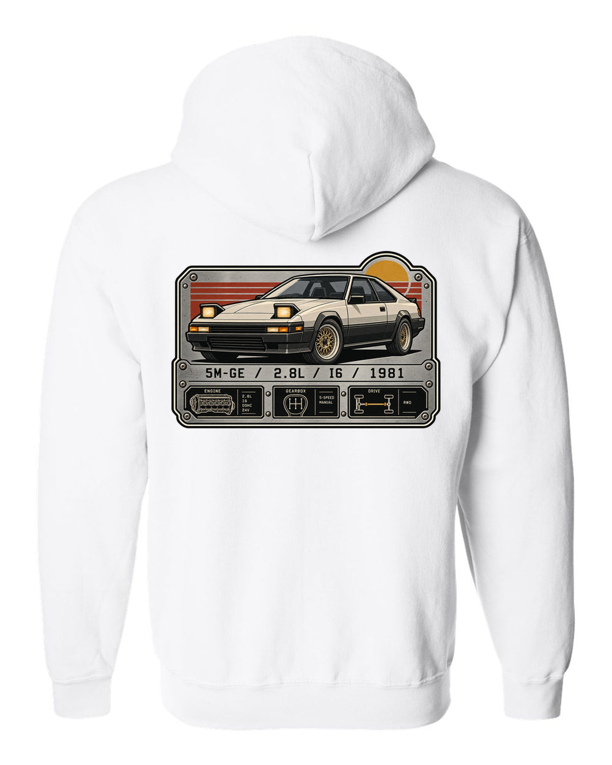 Spec-sheet data plate for the Toyota Supra A60 MA61 5M-GE 2.8L inline six white zip hoodie back view with the design