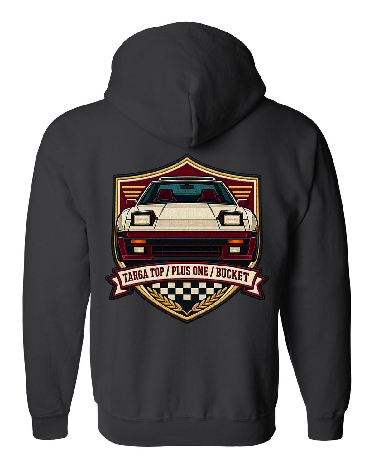 Shield crest design for the Toyota Supra A70 MA70 with pop-up headlights black zip hoodie back view with the design