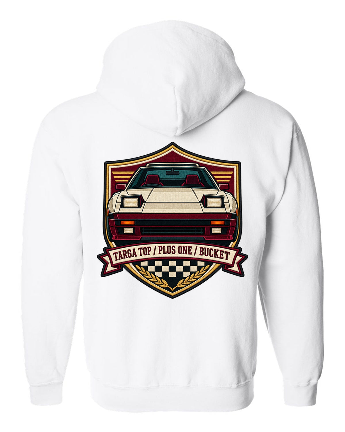 Shield crest design for the Toyota Supra A70 MA70 with pop-up headlights white zip hoodie back view with the design