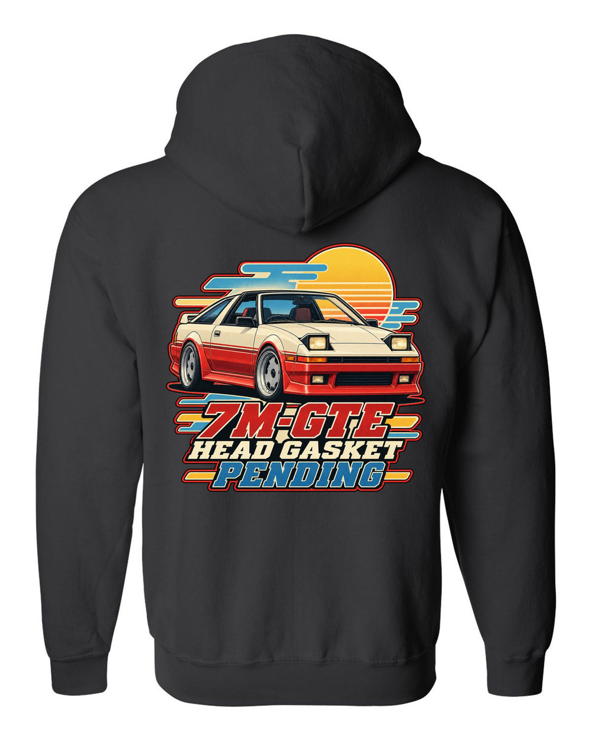 Toyota Supra A70 with pop-up headlights half open in a retro Showa brochure illustration black zip hoodie back view with the design