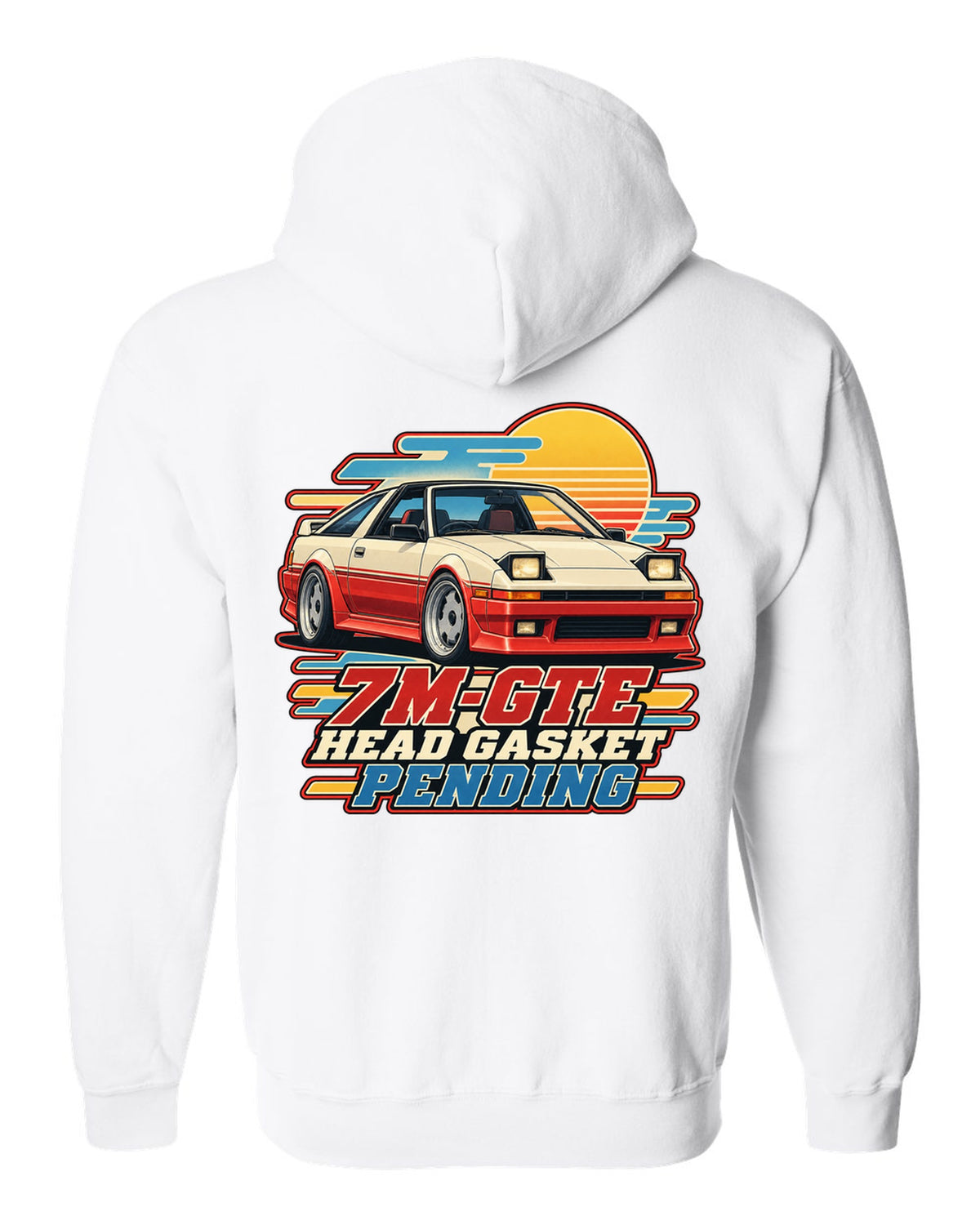 Toyota Supra A70 with pop-up headlights half open in a retro Showa brochure illustration white zip hoodie back view with the design
