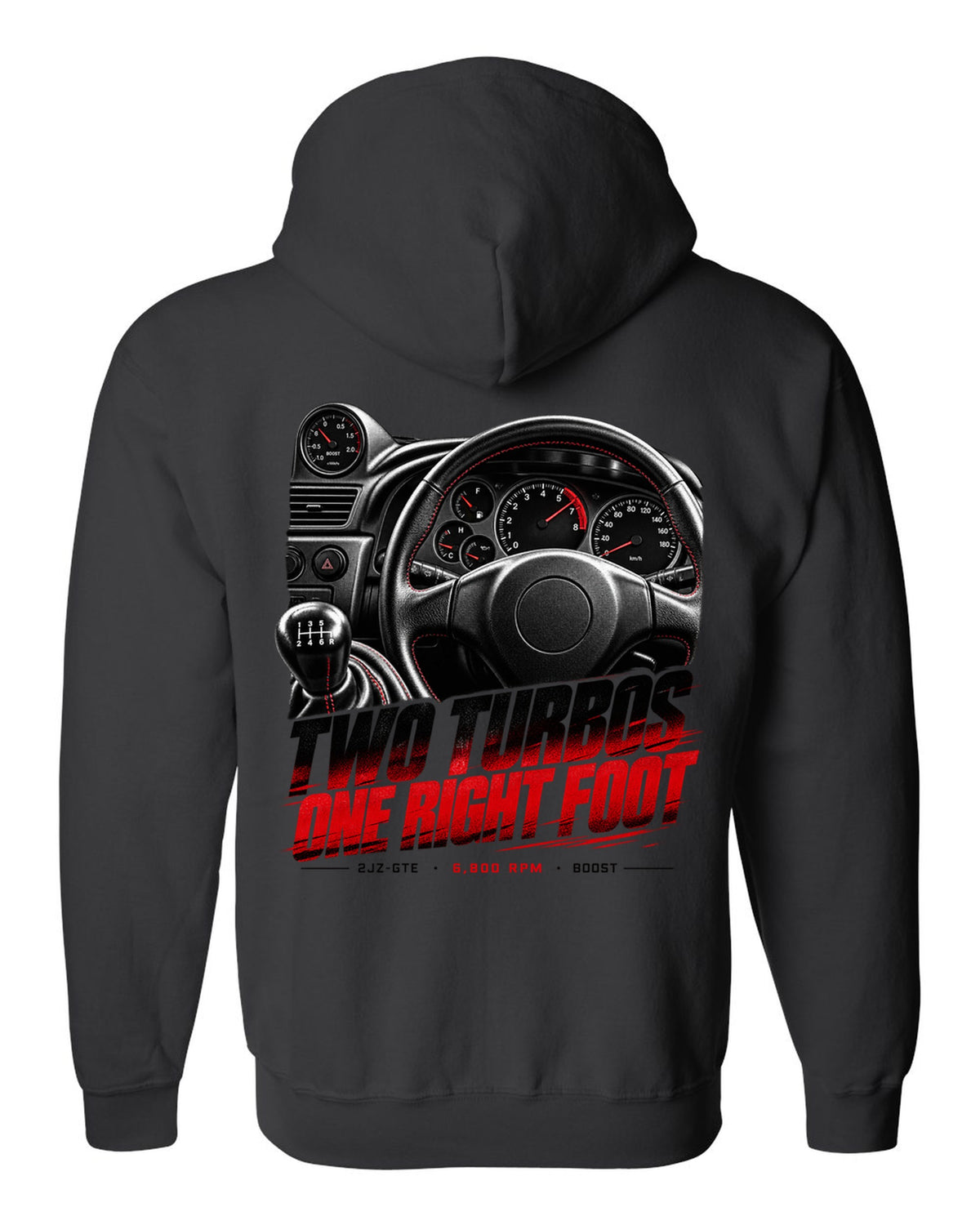 Cockpit and gauge print of a Toyota Supra A80 JZA80 with 6,800 redline black zip hoodie back view with the design