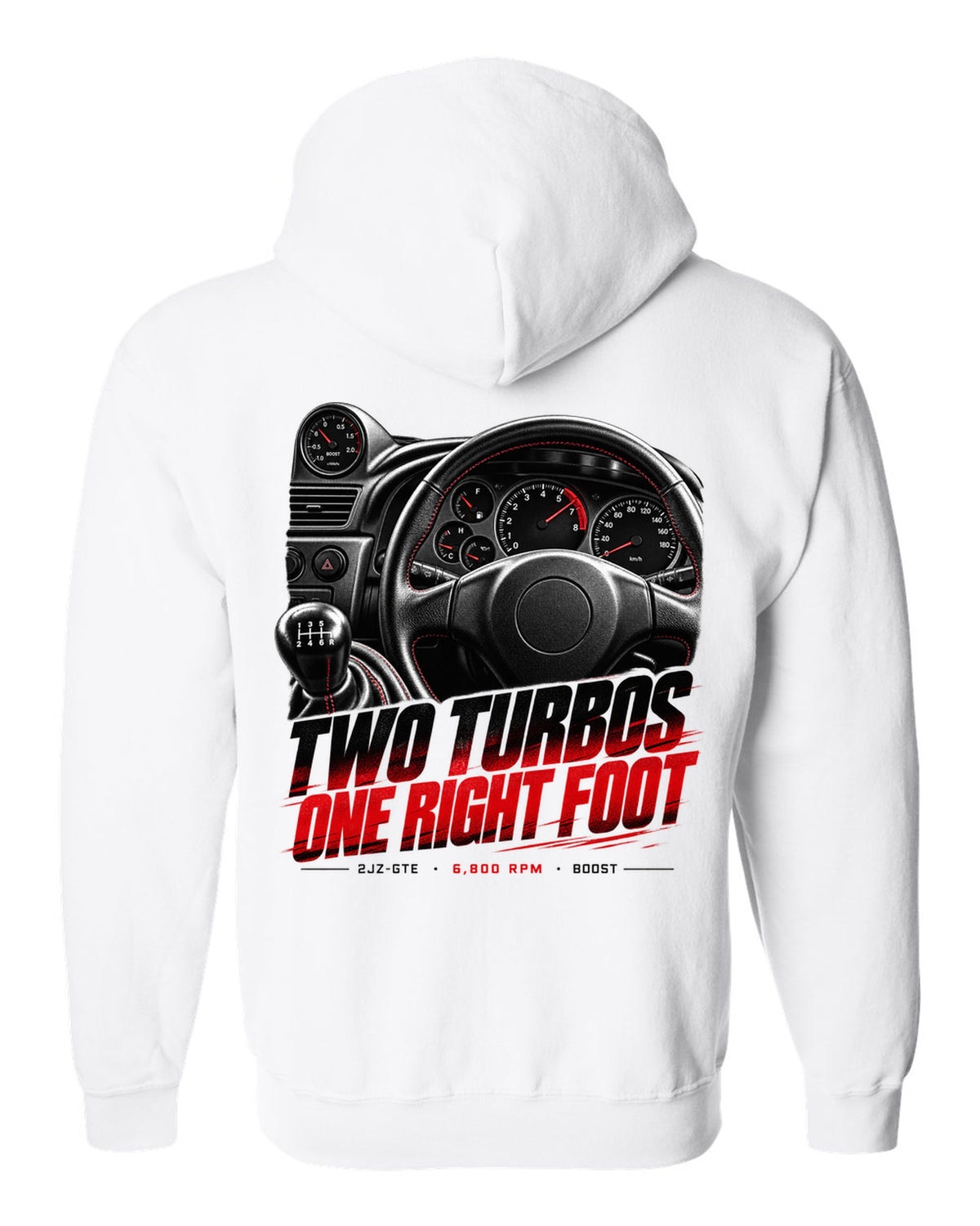 Cockpit and gauge print of a Toyota Supra A80 JZA80 with 6,800 redline white zip hoodie back view with the design